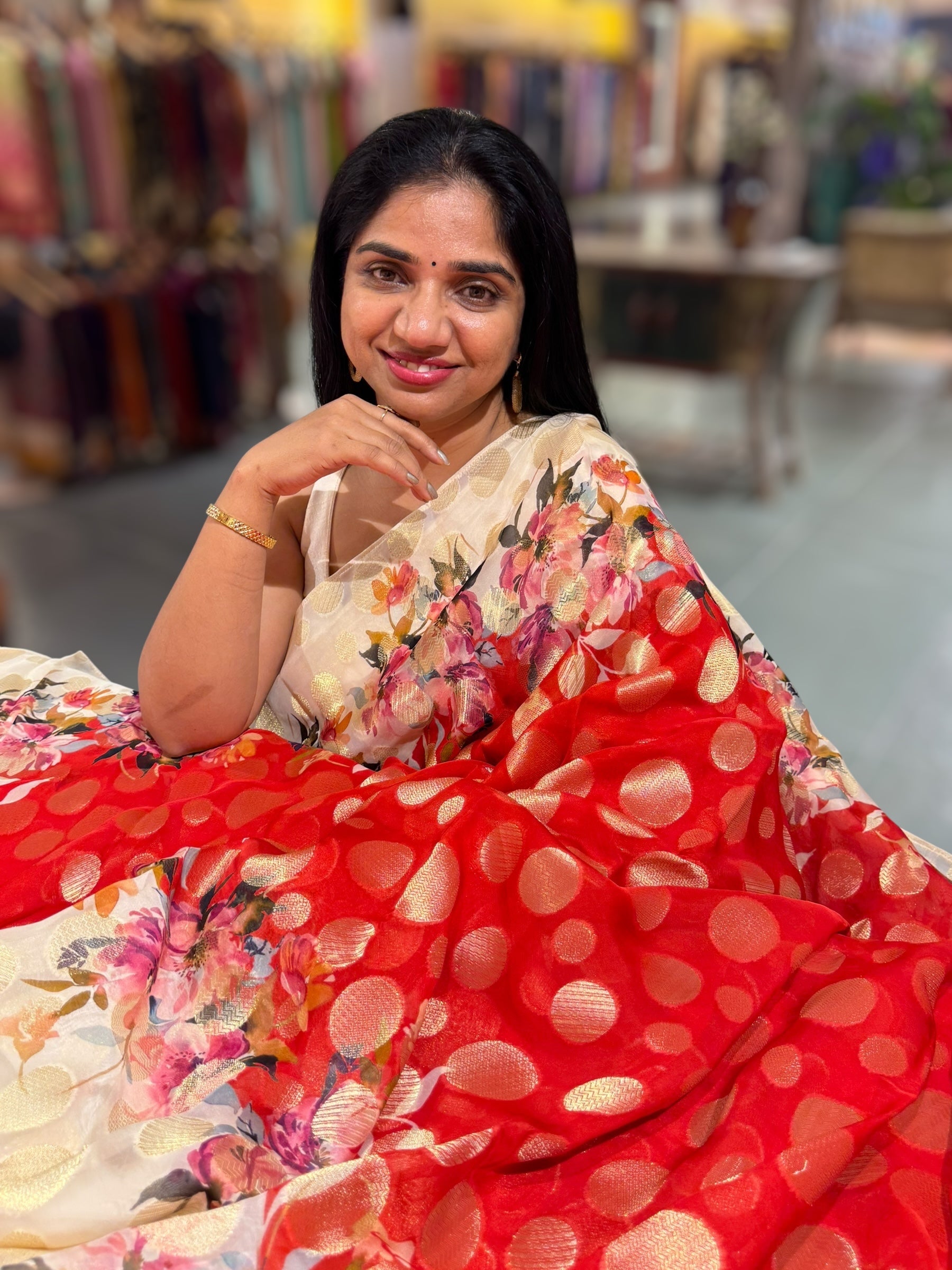 Orangish Red Banarasi Kora Gorgette Polka dot Printed Saree