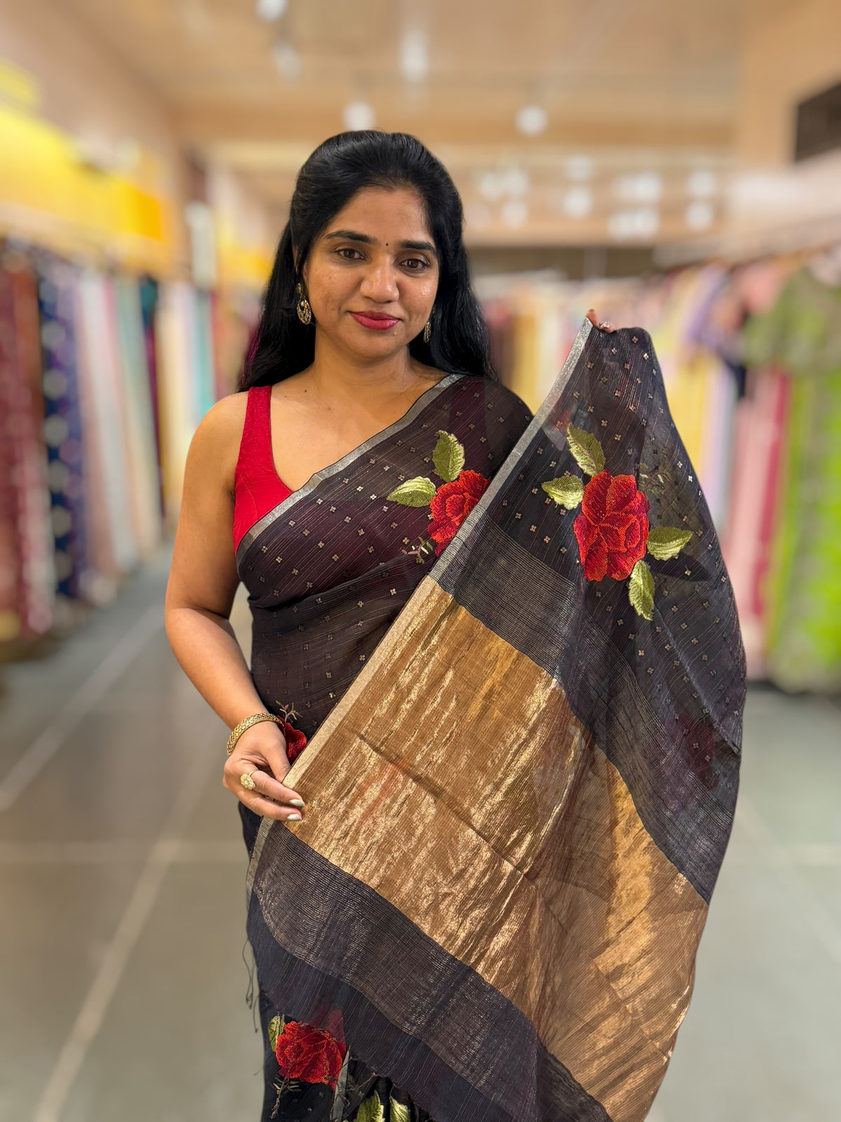 Darkest Midnight Blue Tussar Kota Saree with embedded sequnce and hibuscus flower embroidery