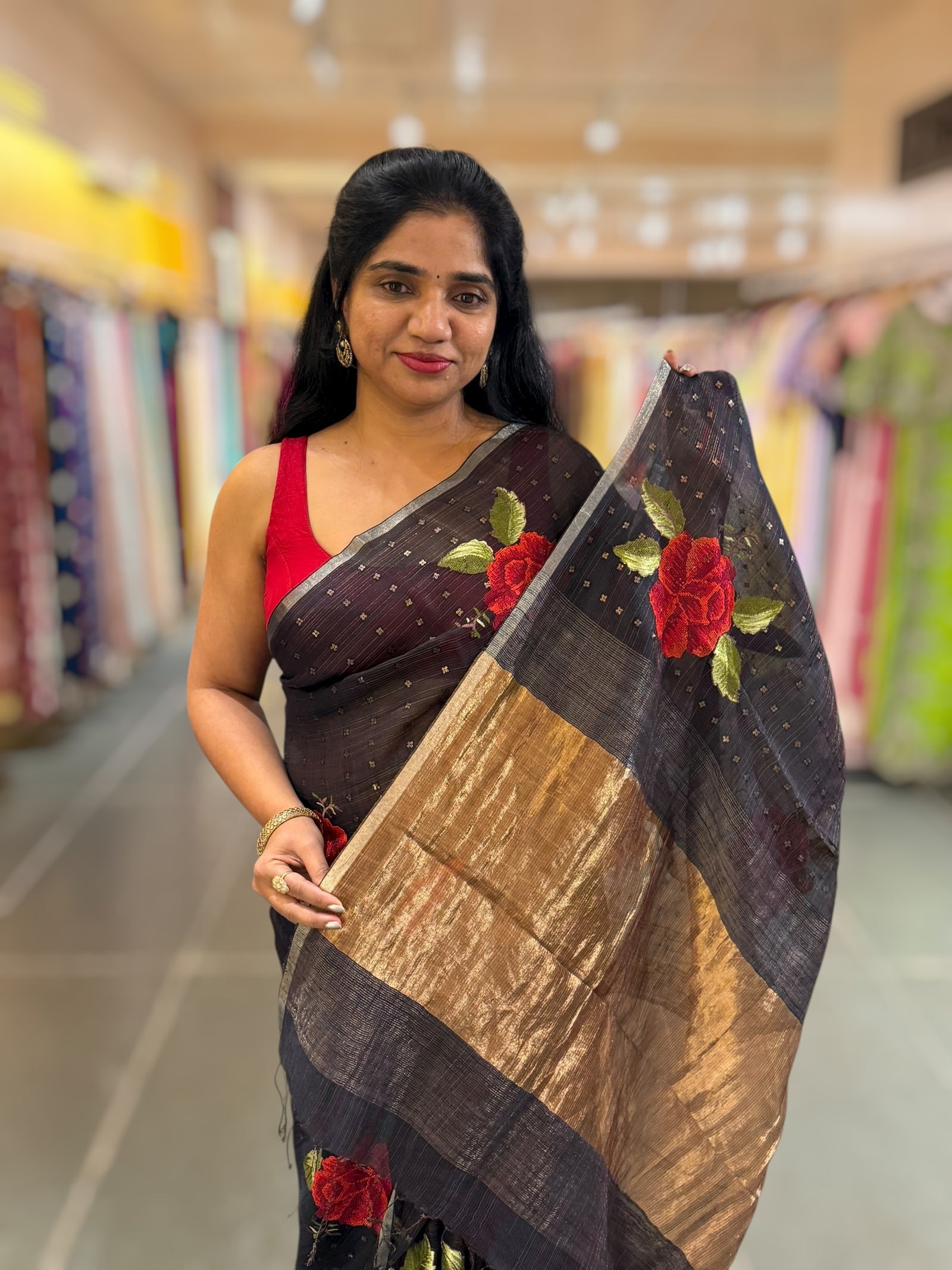 Darkest Midnight Blue Tussar Kota Saree with embedded sequnce and hibuscus flower embroidery