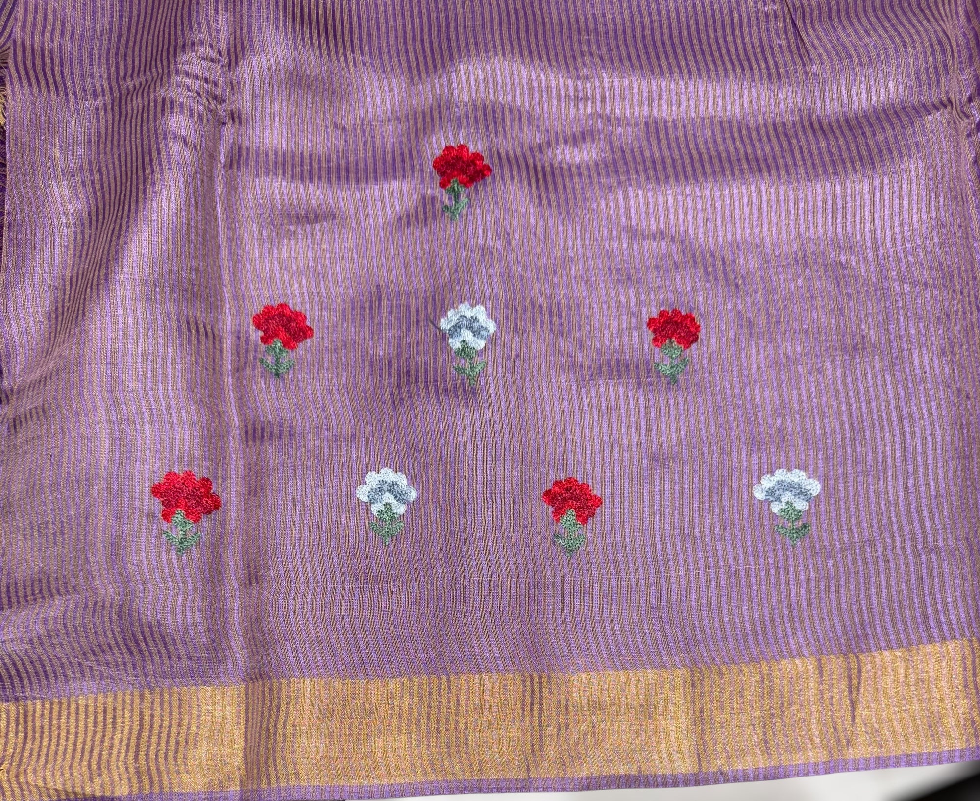 Brinjal Tussar Brocade Saree With Statement Red Rose Embroidery.