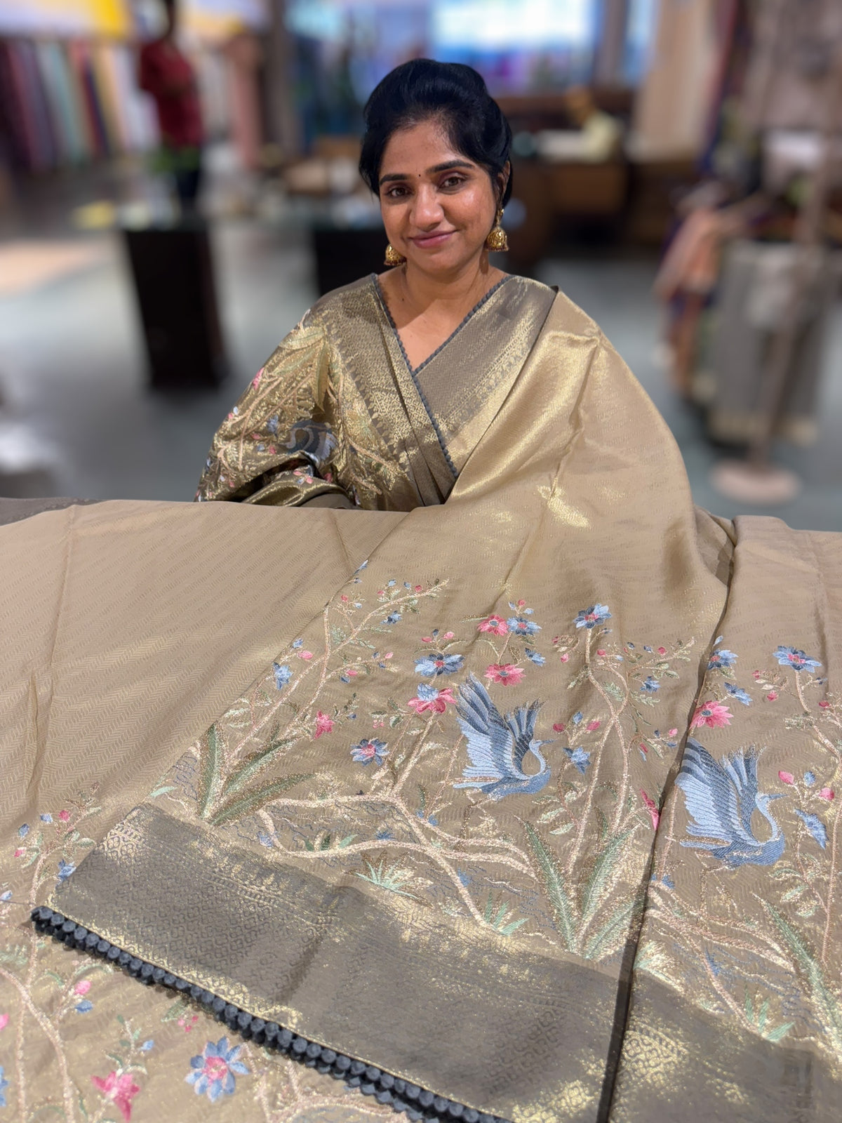 Antique Gold Banarasi Tissue with embroidered border