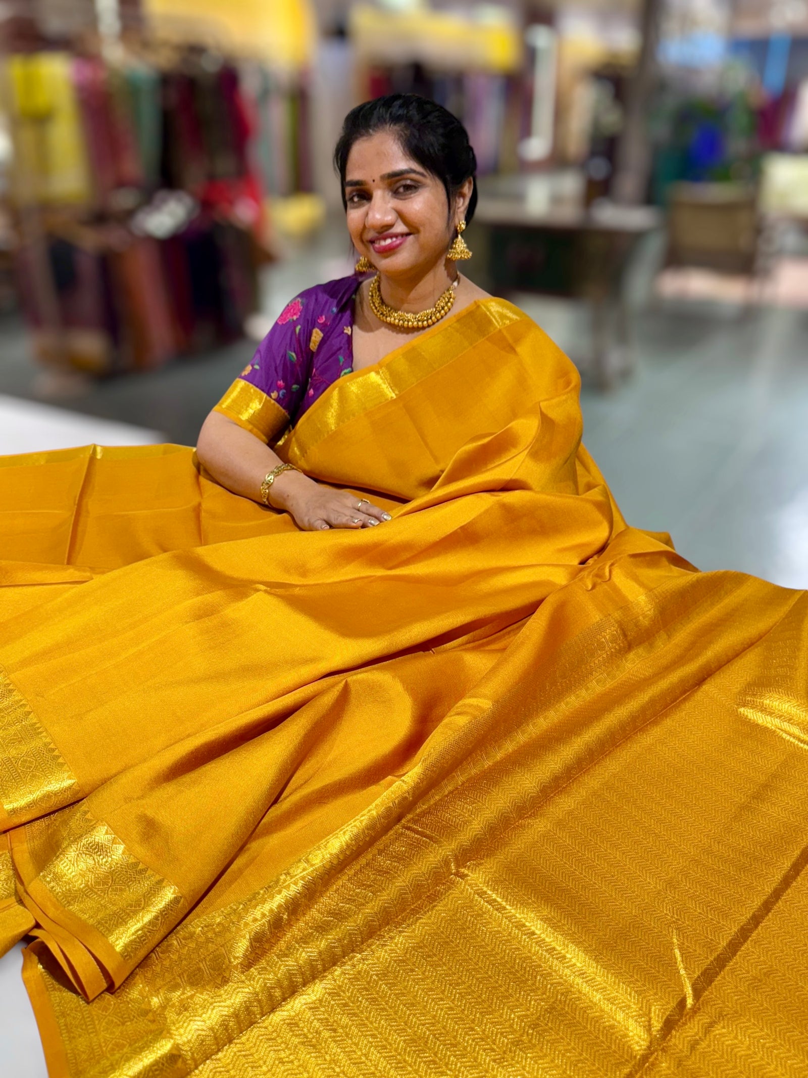 Mustard Kanchi Vintage Saree with Petite Point Embroidered Blouse