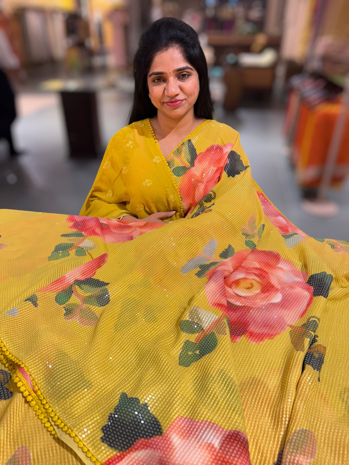Mango Yellow georgette sequence saree with statement floral print
