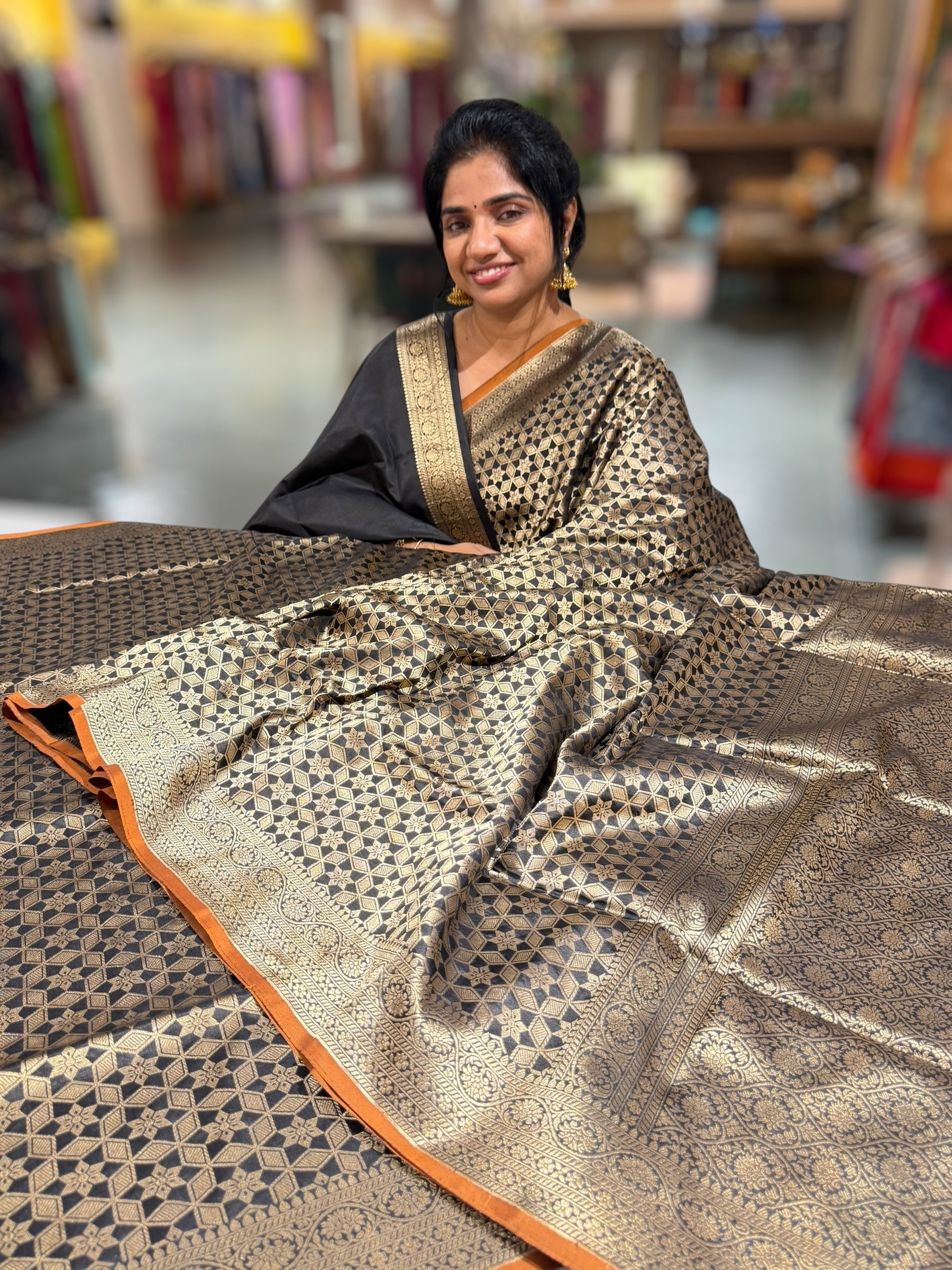Black Banarasi Tanchoi Silk Saree