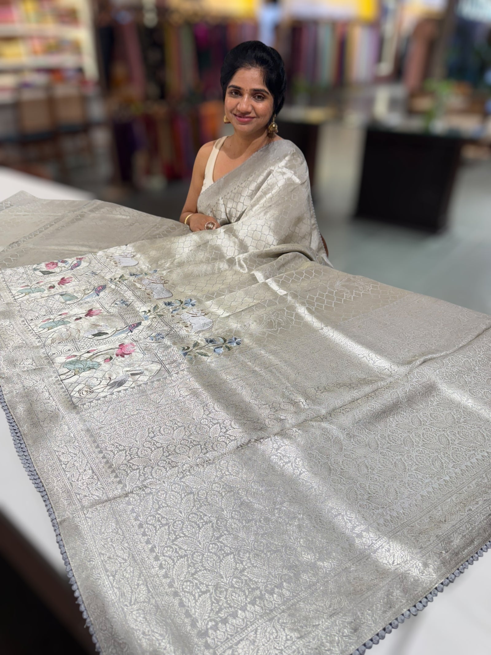 Silverish Grey Fancy Banarasi saree with embroidery