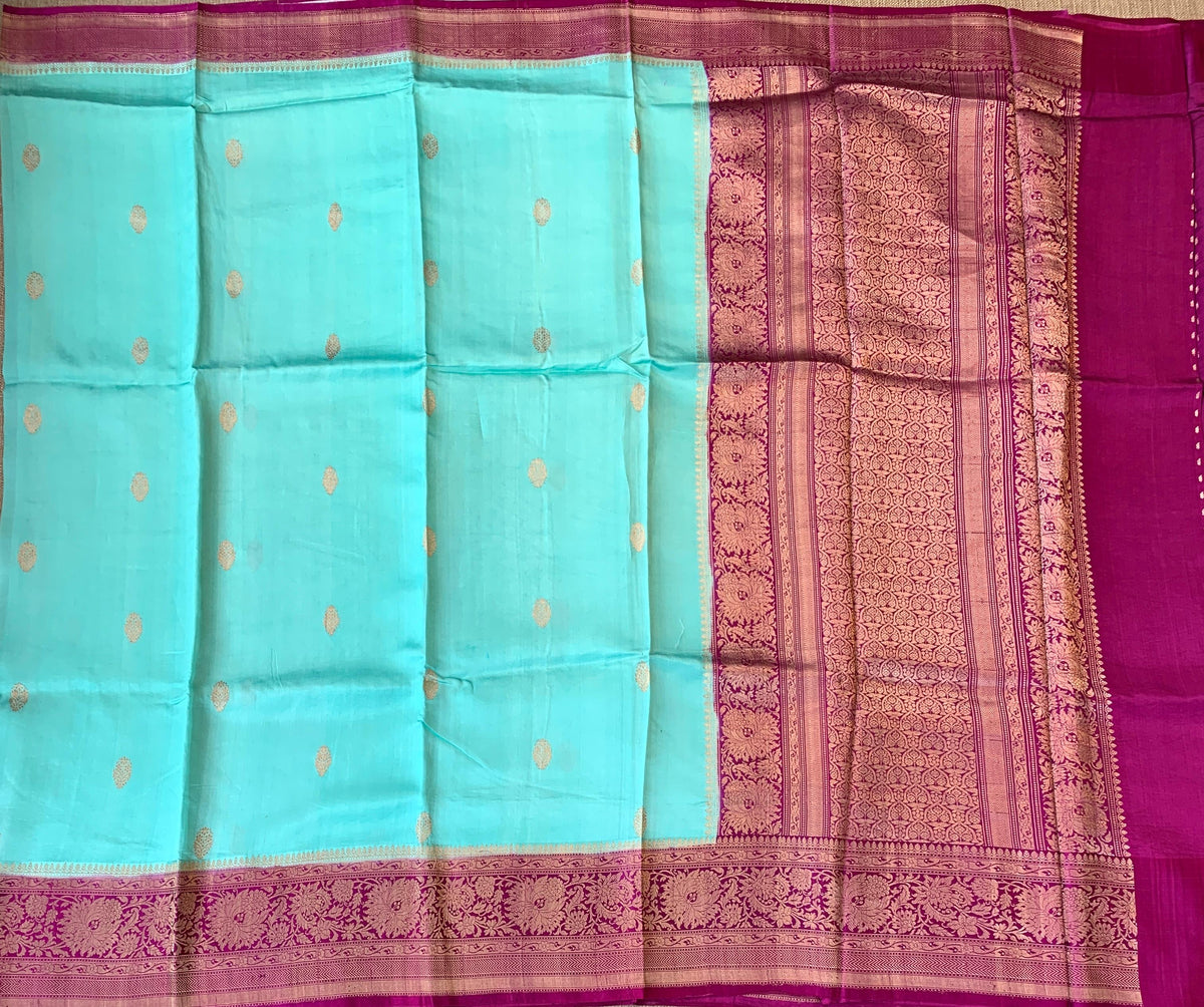 SeaBlue & Majenta Combo PoonaSilk Saree with heavy weaving mashru border & kaduwa woven motifs.