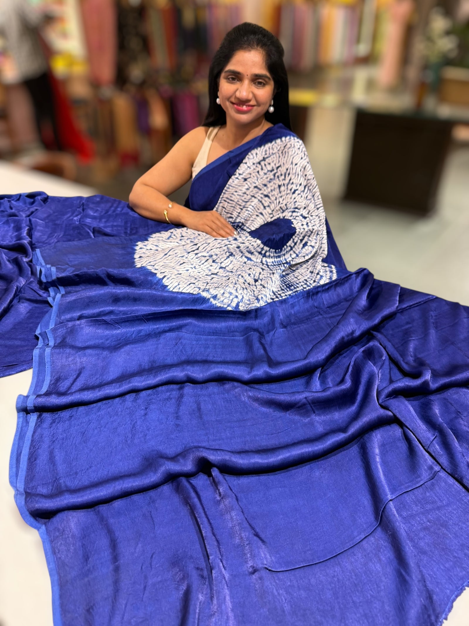 Blue gajji silk saree with bandhini circular pallu