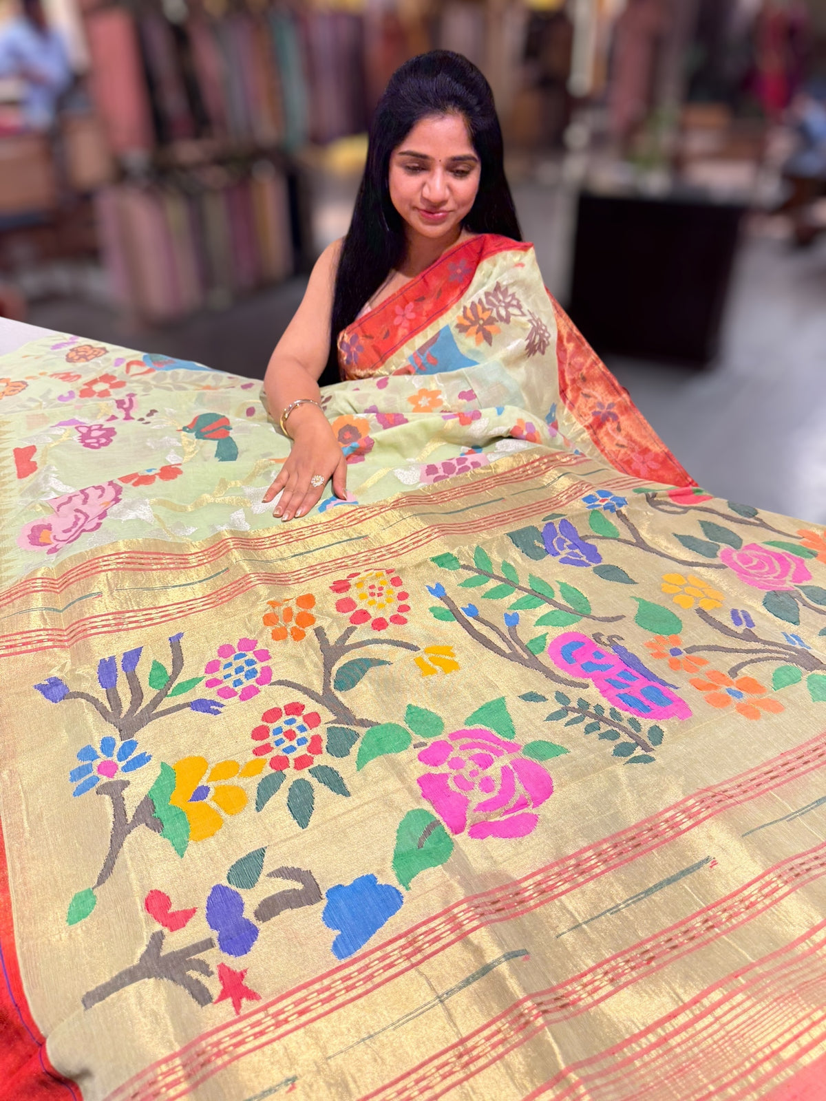 Mint allover ponduru khadi jamdani with paithani borders & Pallu