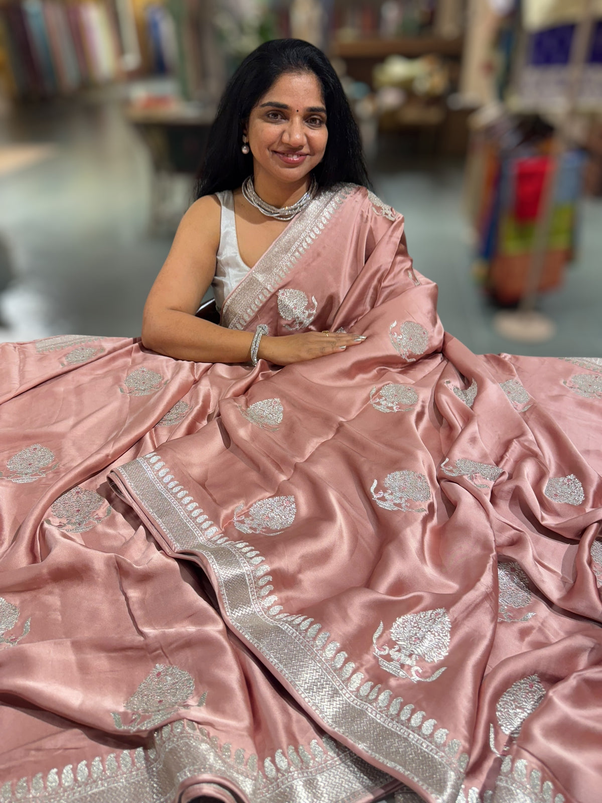 Onion Pink Pure Satin Saree with Embroidery.
