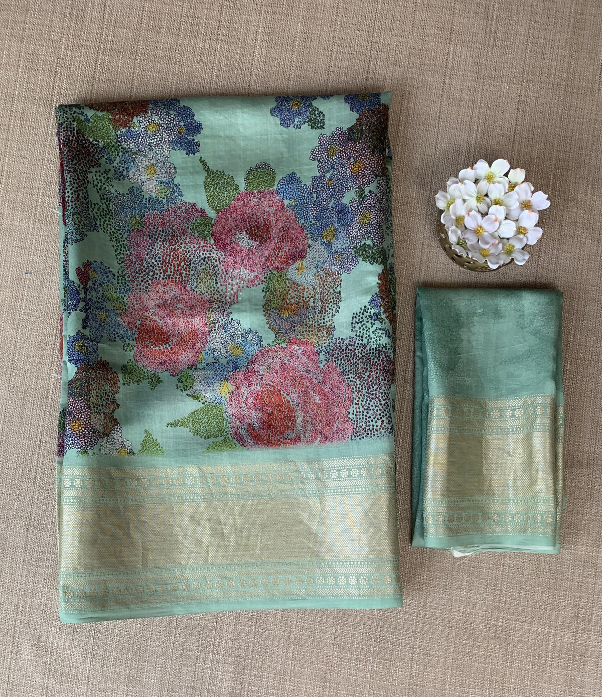 Mint Pure Handloom Chiniya Silk Saree with stunning Floral Print and zari borders