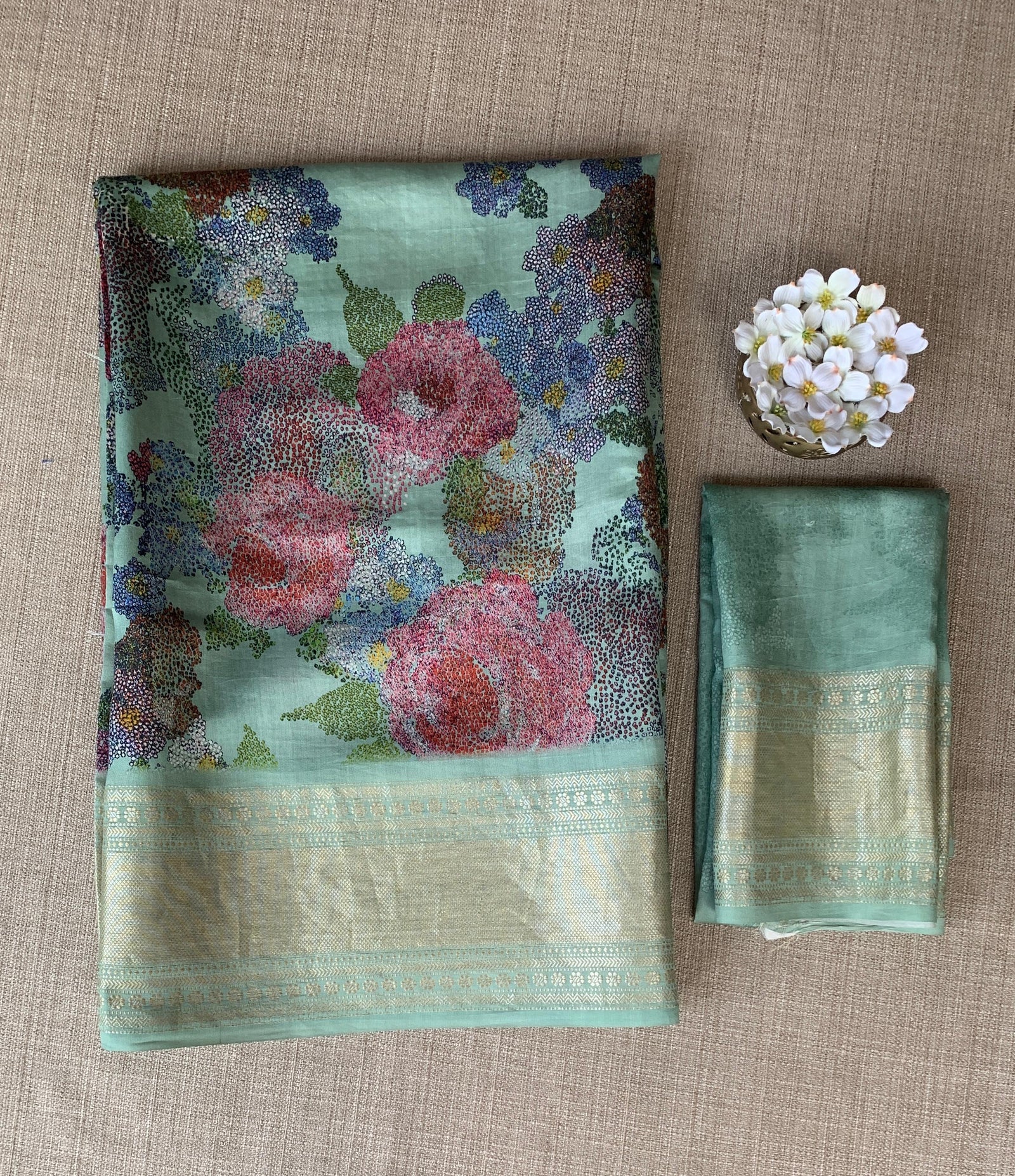 Mint Pure Handloom Chiniya Silk Saree with stunning Floral Print and zari borders