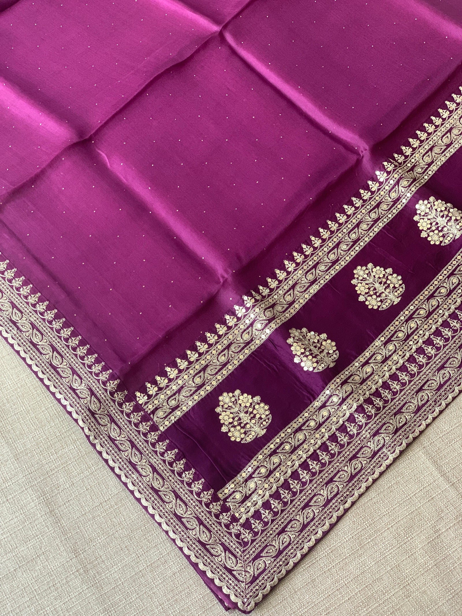 Wine Pure Organza Saree with allover mukaish work & sabyasachi borders