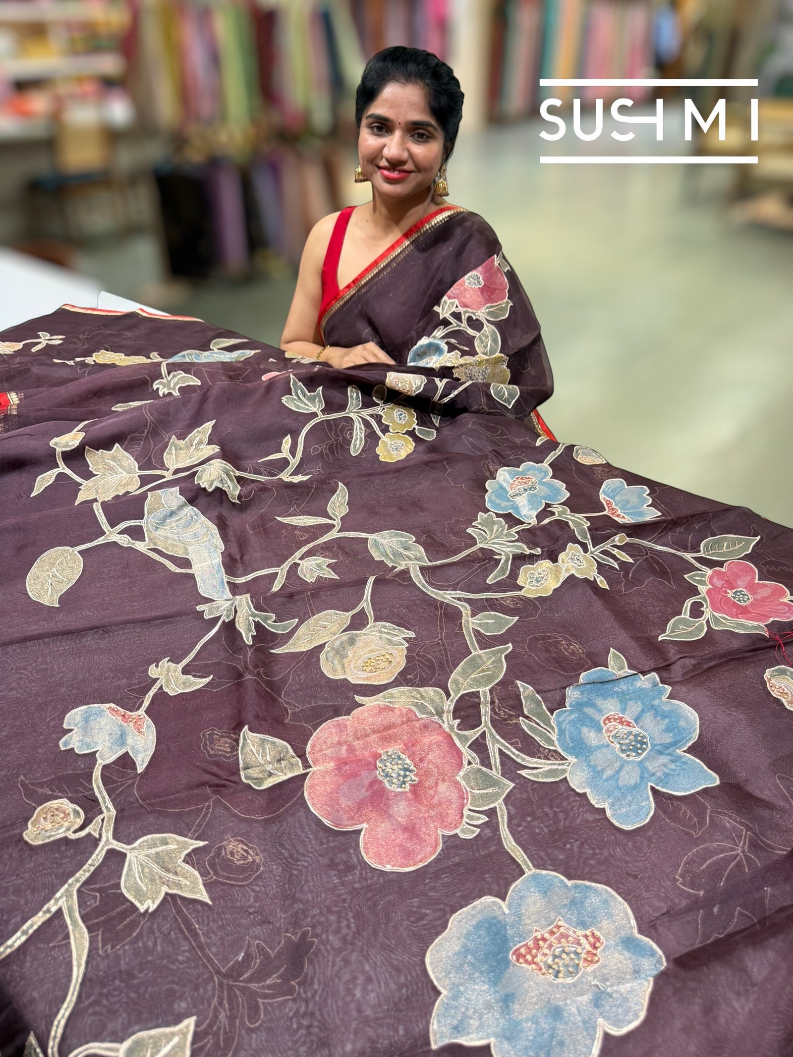 Brown Designer Organza with Tissue applique work : S62F092