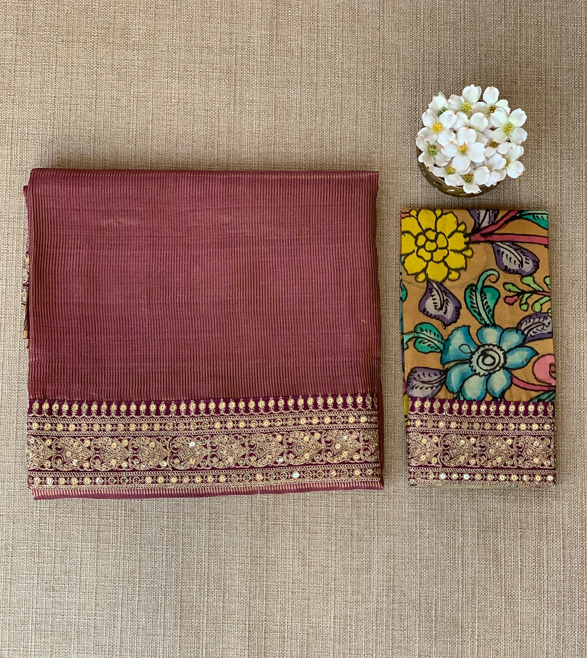 Wine kora Muslin Tissue fusion saree