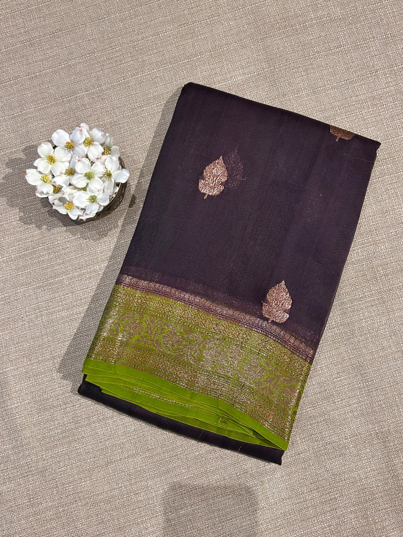 Coffee Brown & parrot Green combo Pure Handloom premium Kora Banarasi Saree