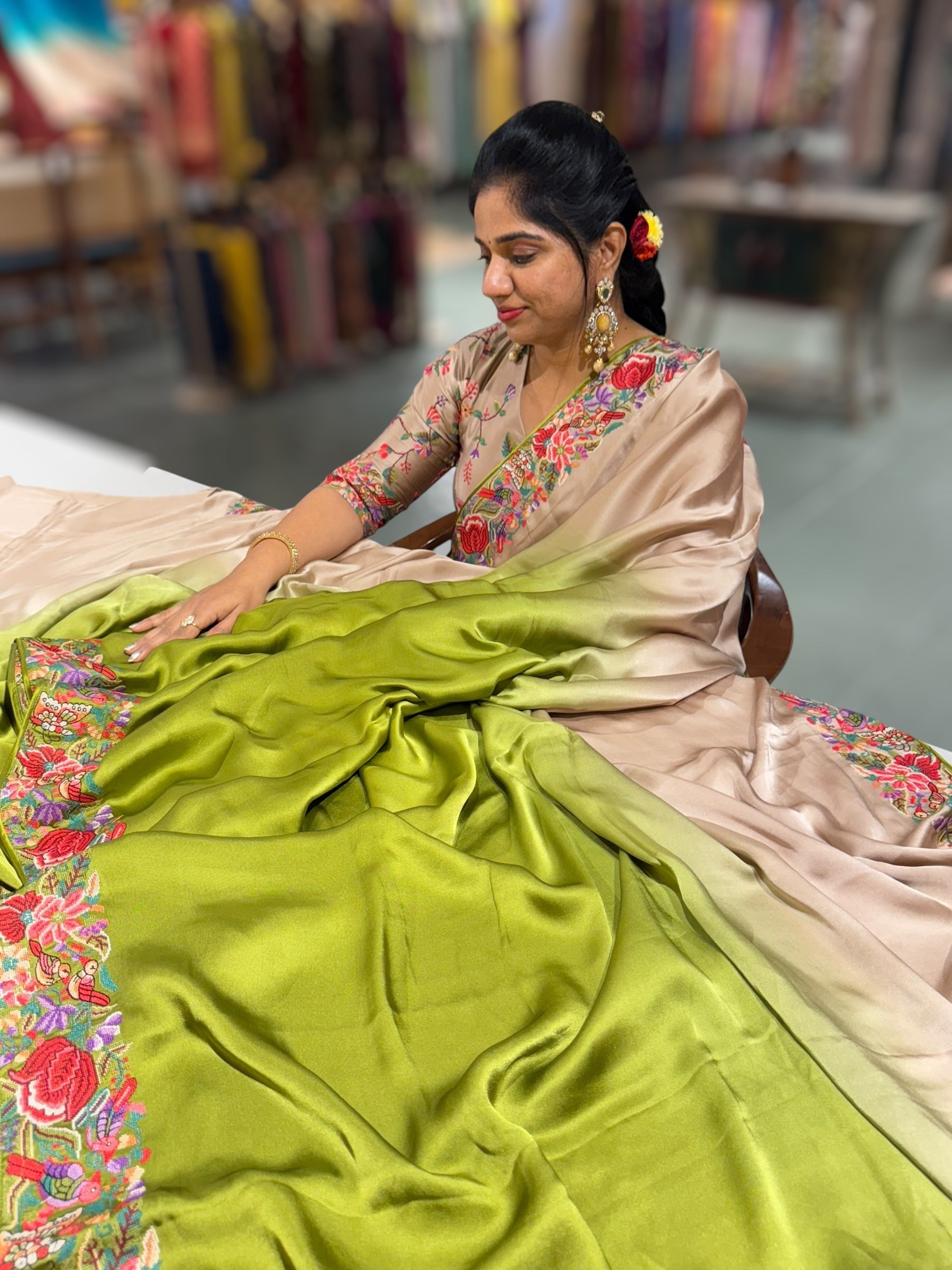 Pure Satin Ombre Dyed Saree with Petite Point Embroidered Border and blouse.