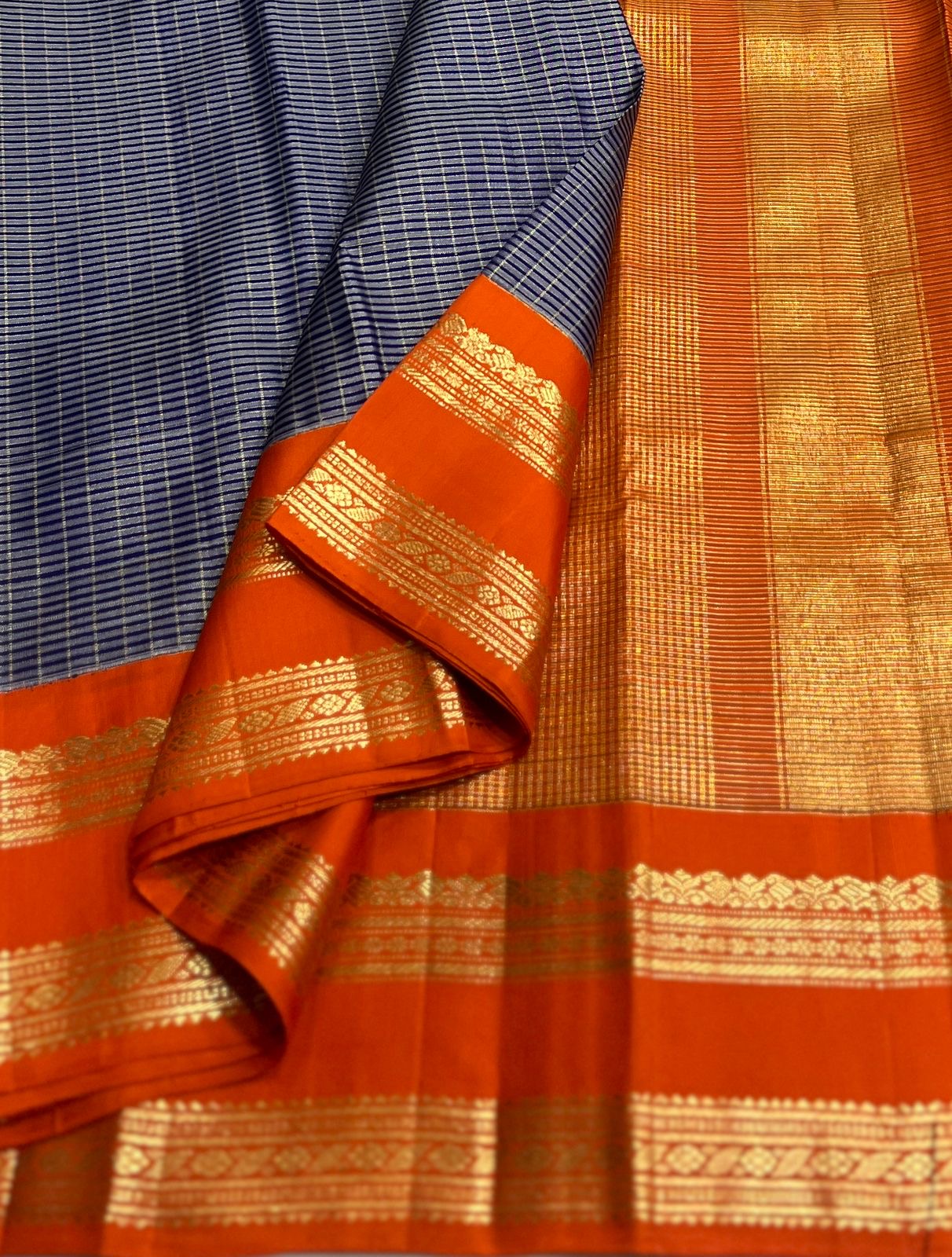 Blue & Orange Combo Vintage Checks Gap Border Kanjeevaram Saree