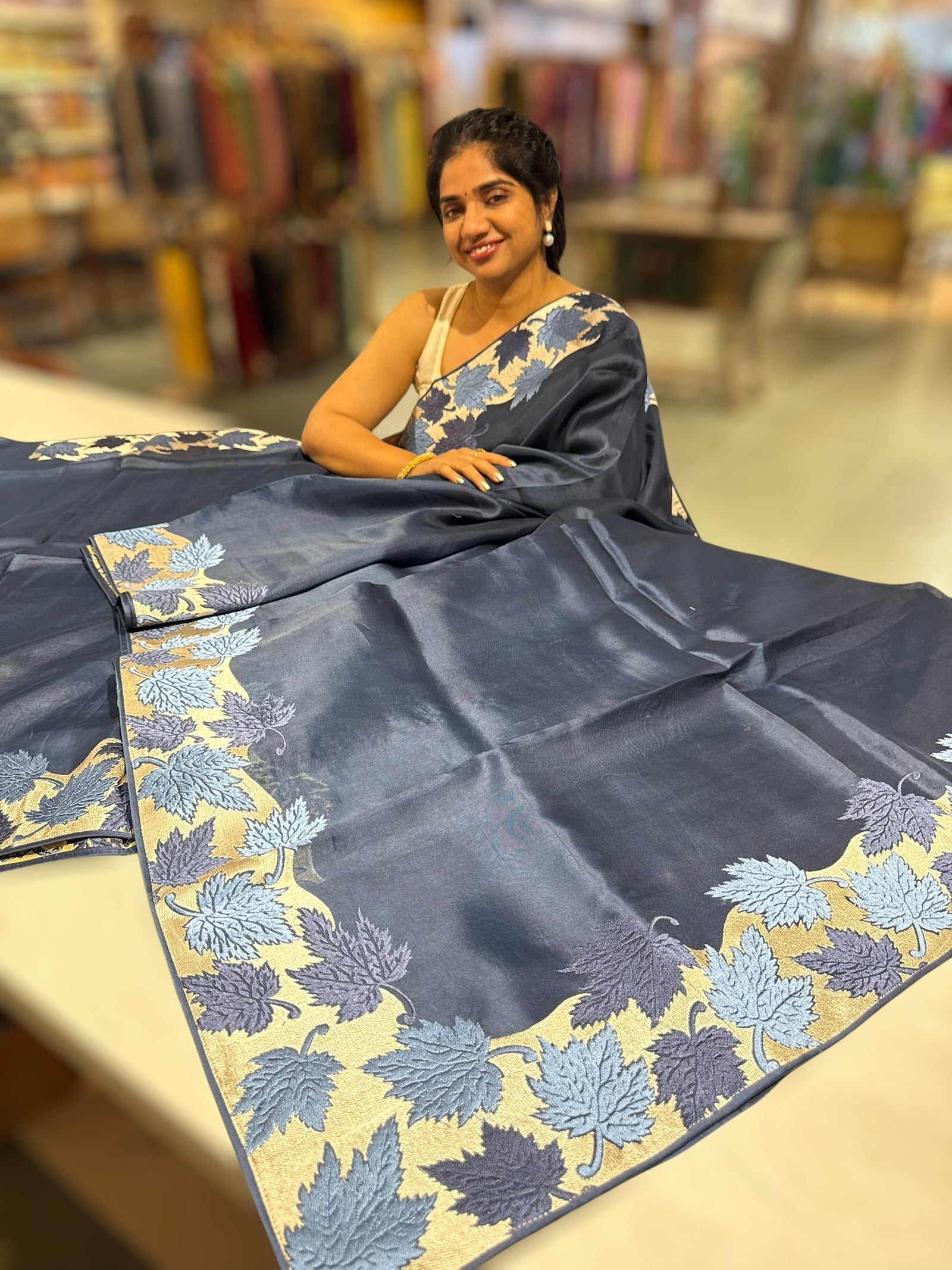 Midnight Blue Organza Saree with Stunning Leaf Embroidered Border