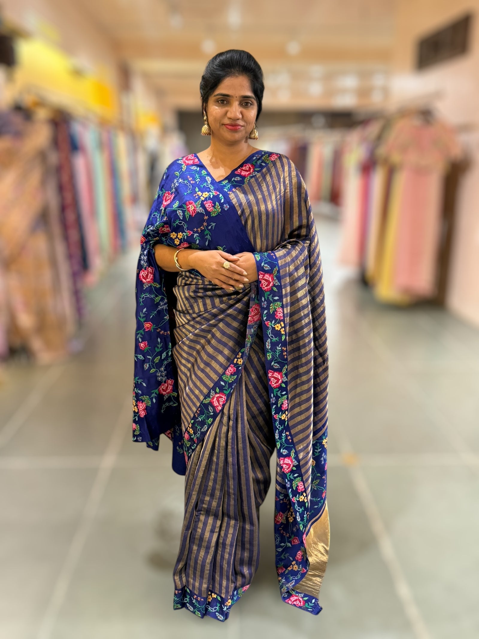 Blue Banarasi Tissue stripes Saree with petite point embroidery