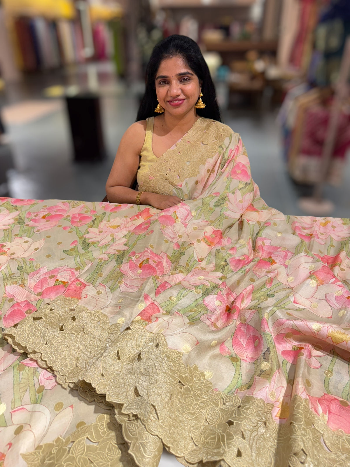 Earthy Tone Banarasi Munga Printed Tussar Khaddi With Tissue cutwork Rose Border