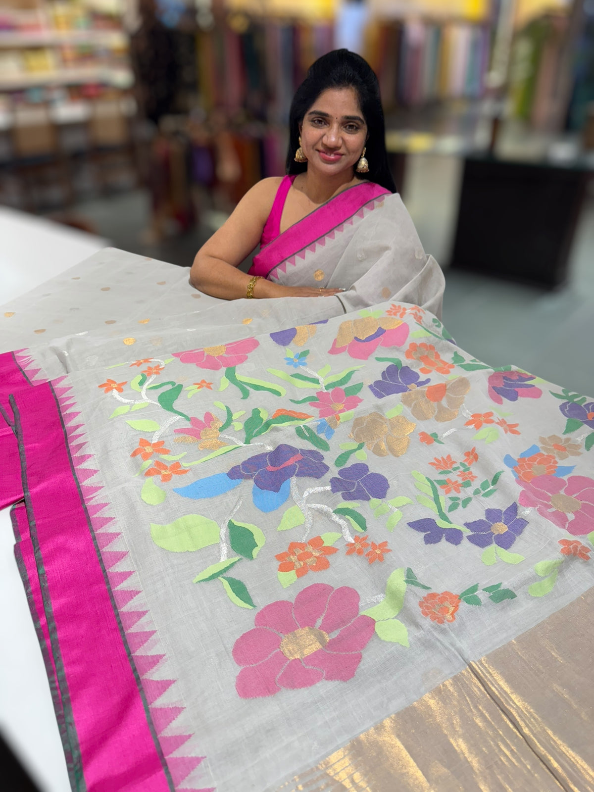 Lightest Grey pure handloom Ponduru Khadi jamdani Saree