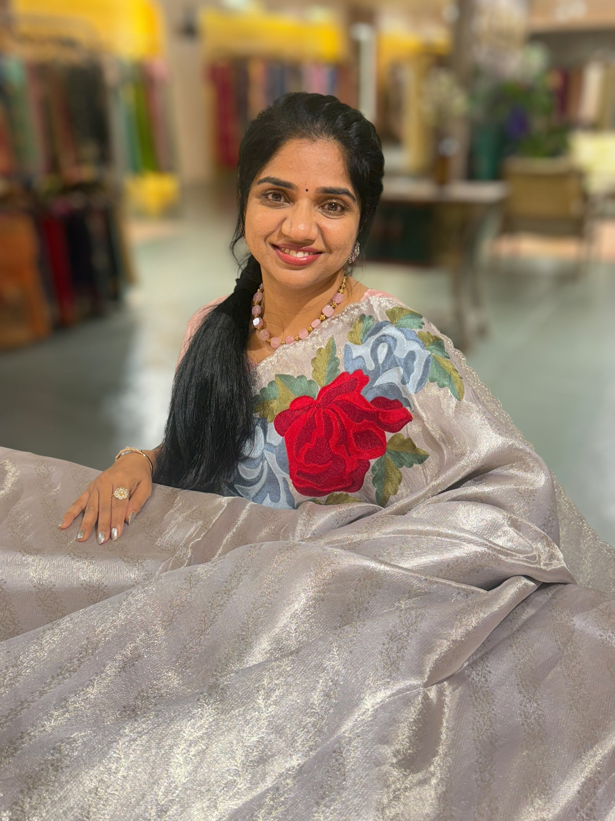 Silver Kanchi Brocade Tissue Saree with Statement Floral Embroidered Roses