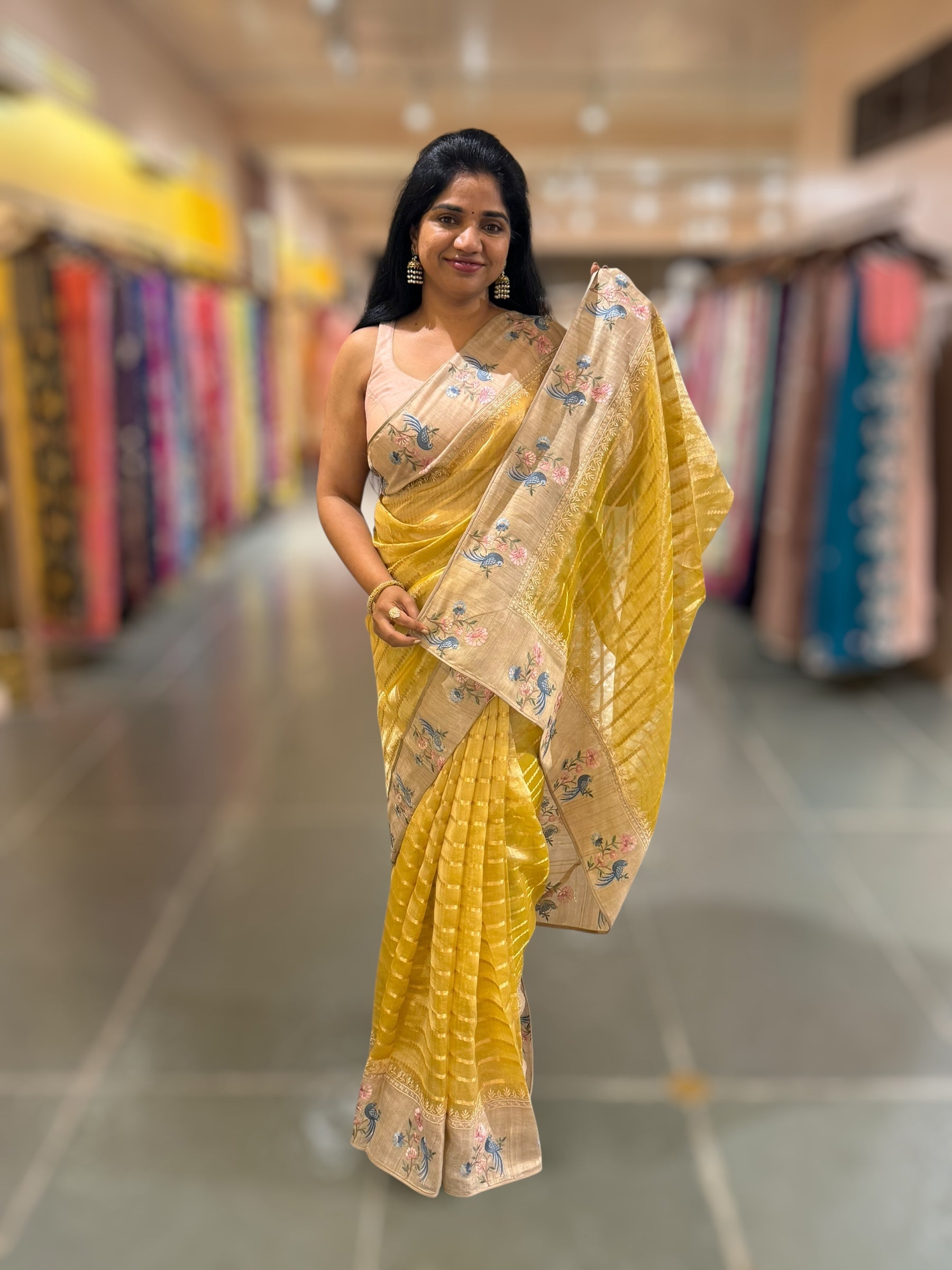 Yellow Pure Handloom Tissue Saree with pure Tussar embroidered border