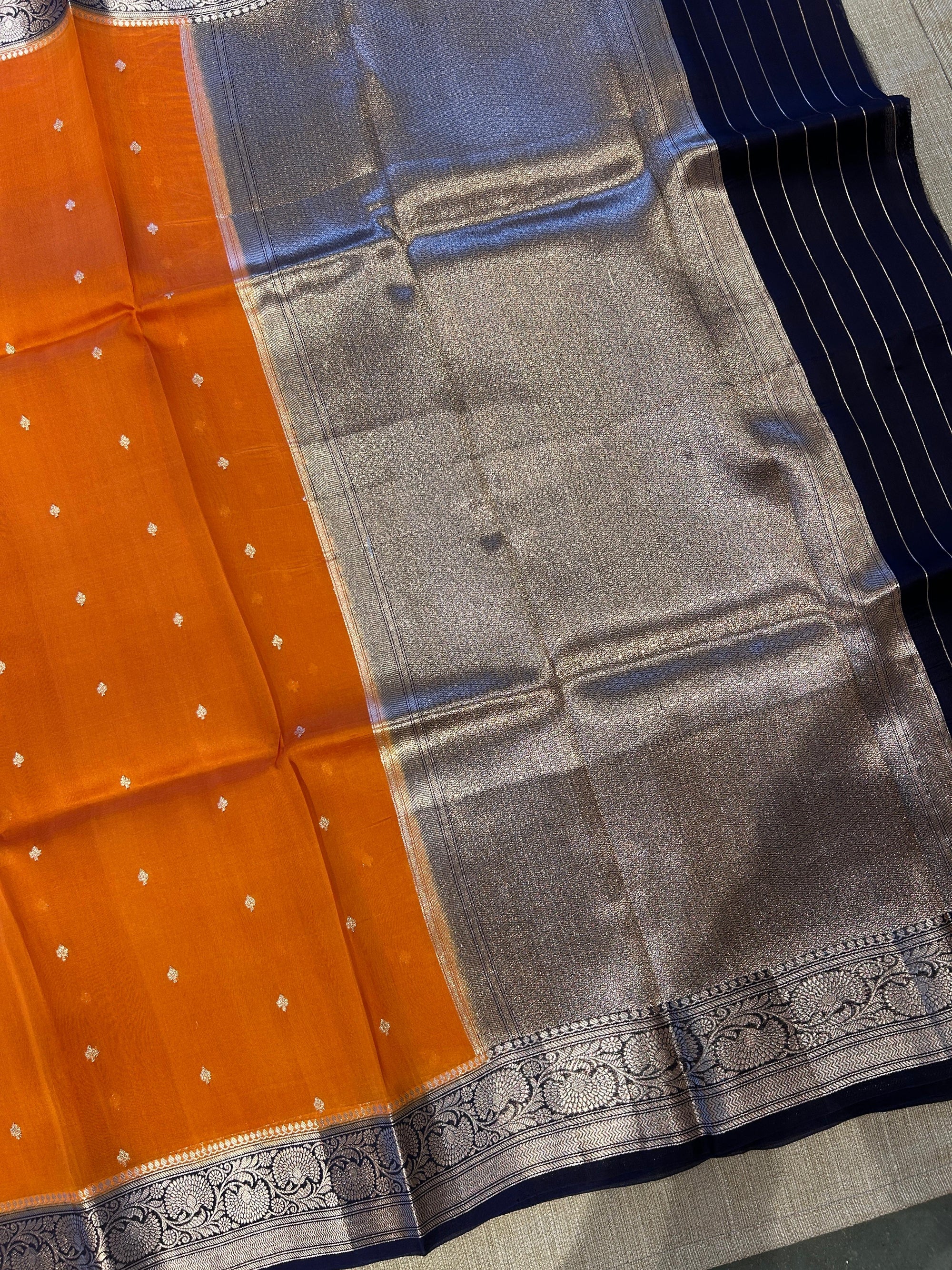 Rust with navy Combo Pure Handloom premium Kora Banarasi Saree