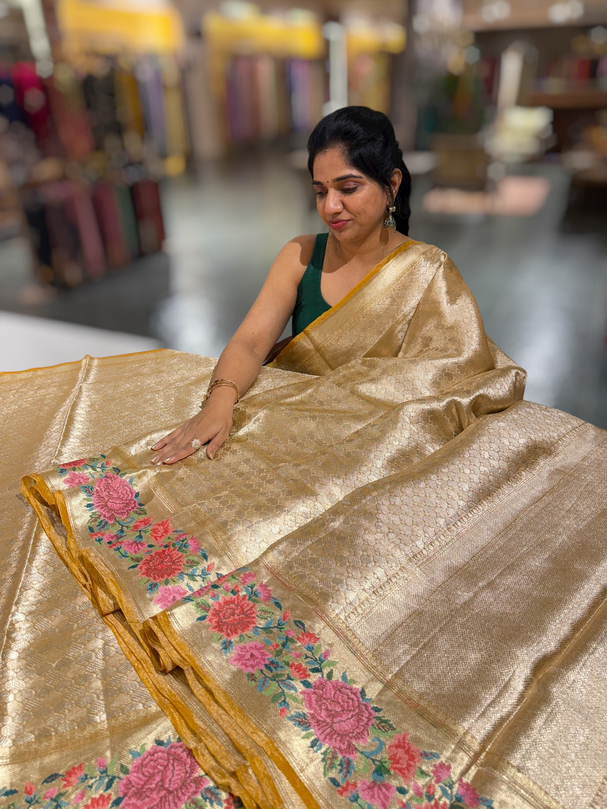 Mustard Banarasi Tissue Brocade Saree with Petite Point Embroidered Border