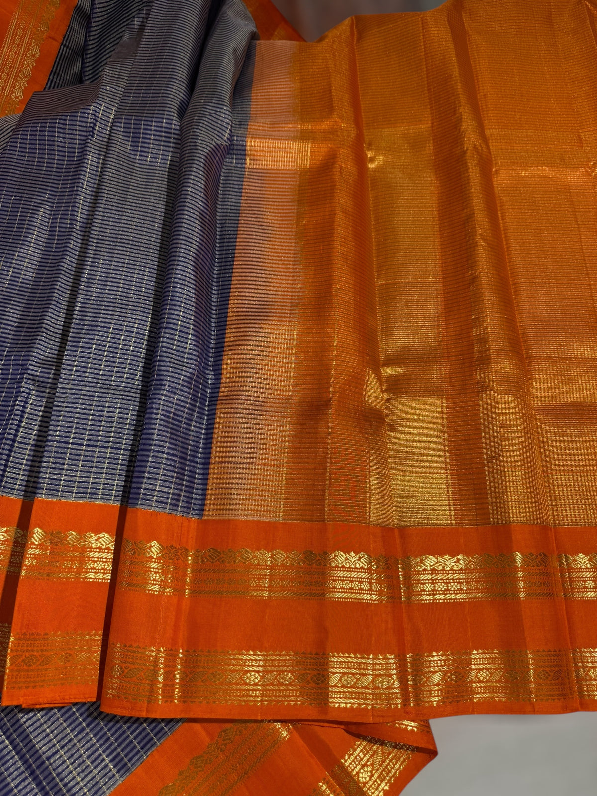 Blue & Orange Combo Vintage Checks Gap Border Kanjeevaram Saree