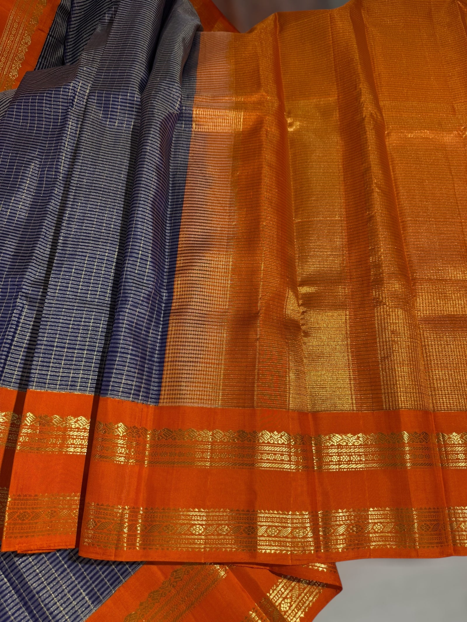 Blue & Orange Combo Vintage Checks Gap Border Kanjeevaram Saree