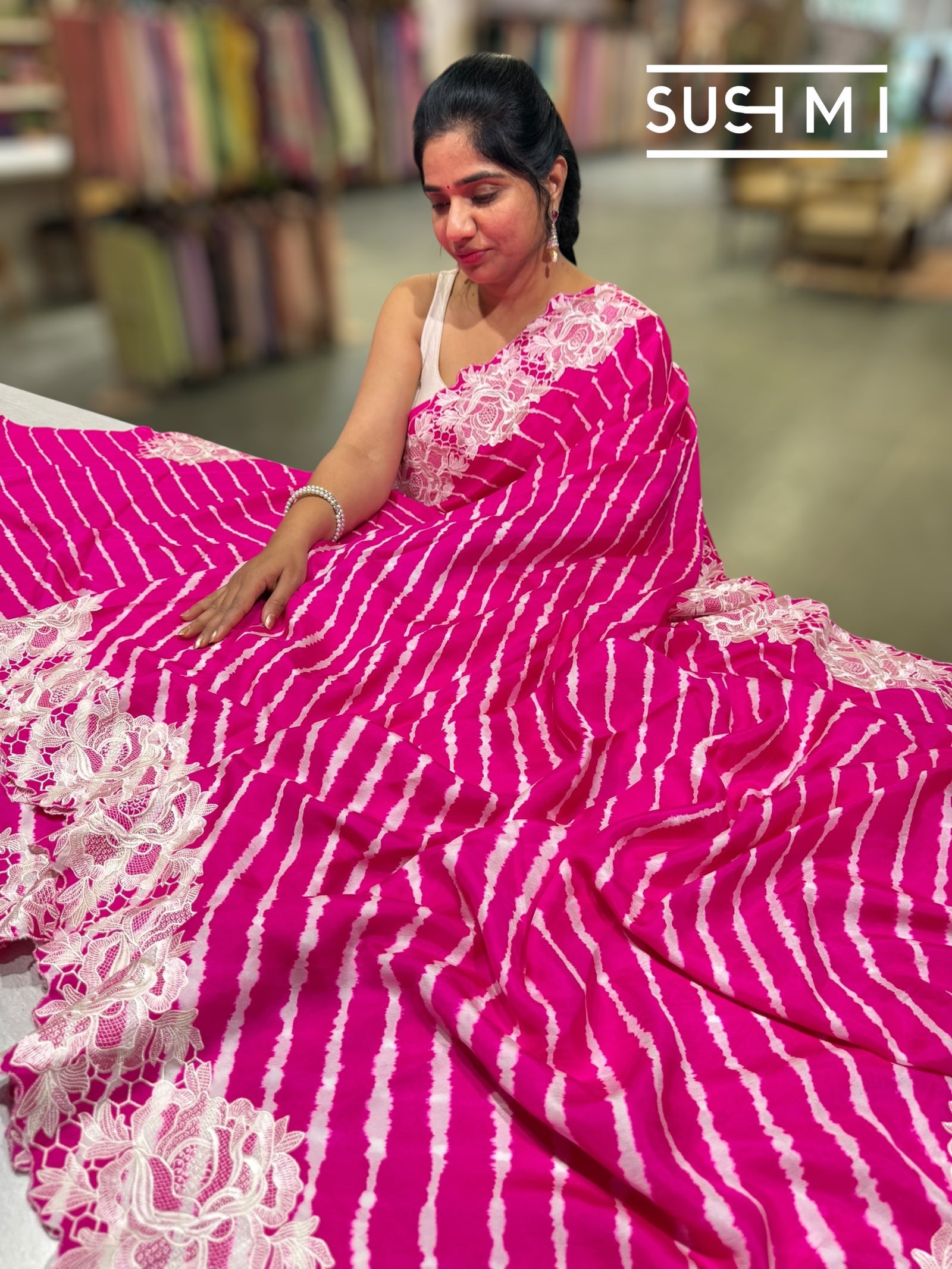 Fuschia Pink habutai Satin Silk lehariya Saree S62F065