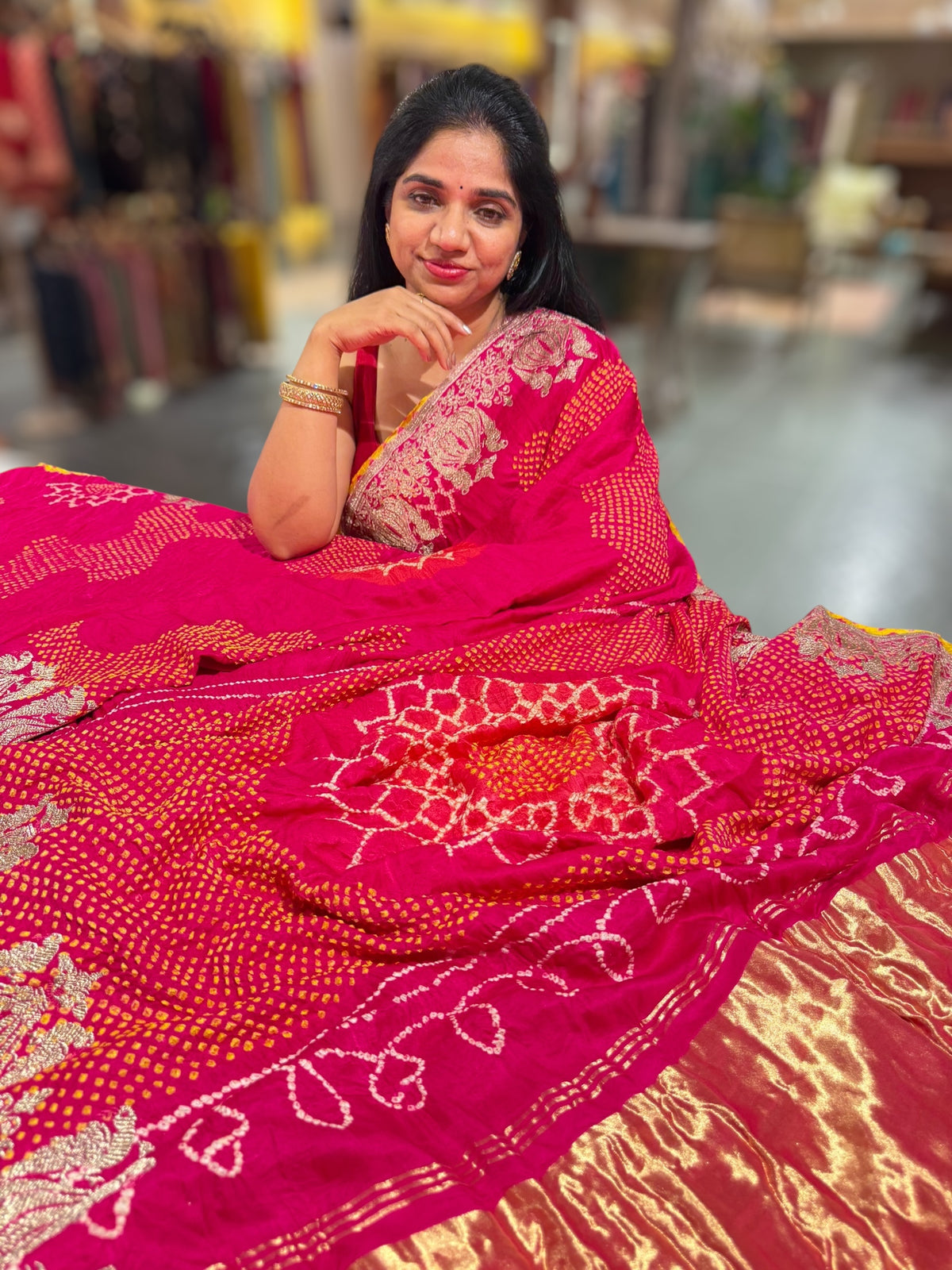 Fushcia Pink Designer Rai Bandhej Saree With Embroidered Border