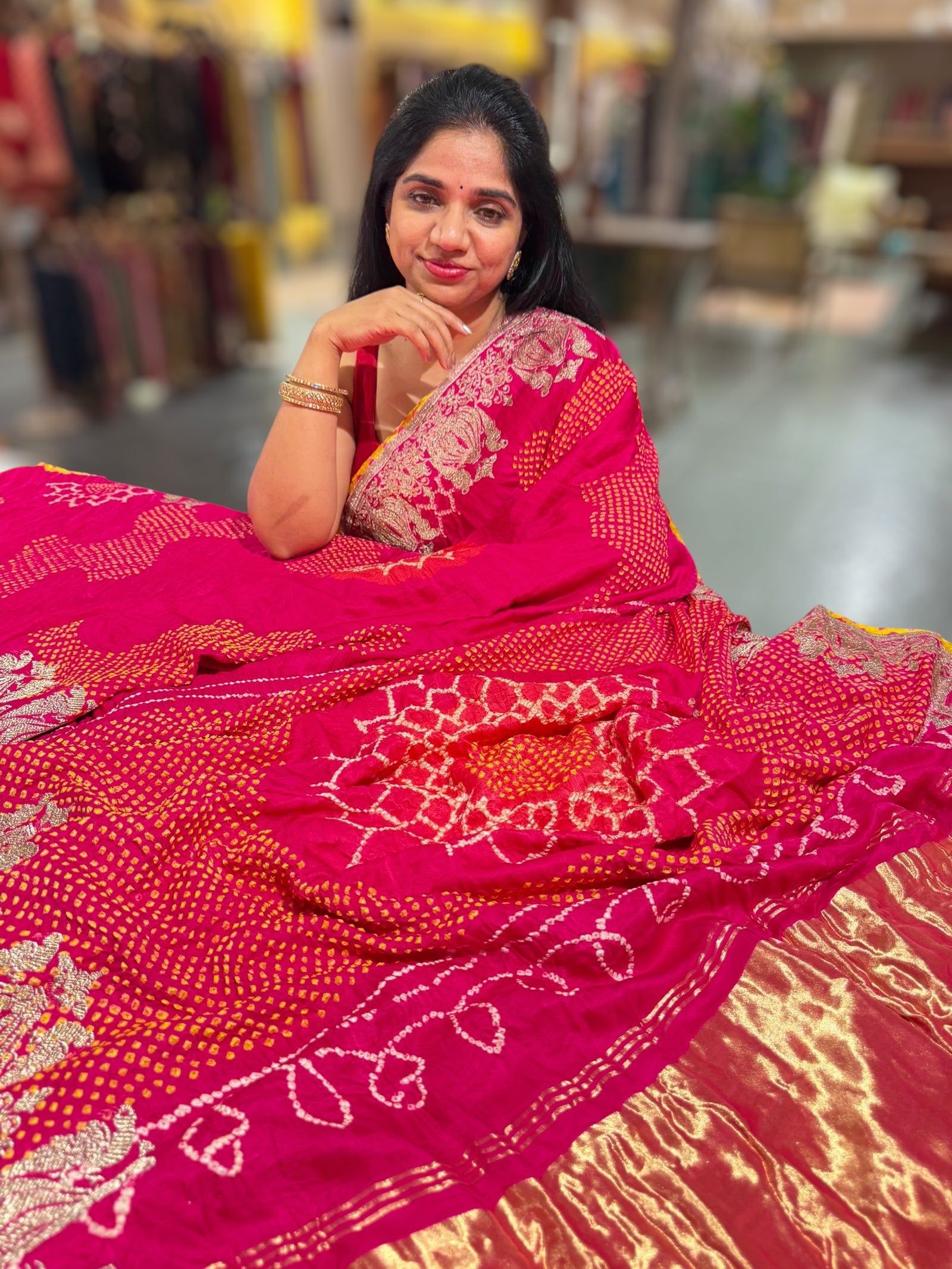 Fushcia Pink Designer Rai Bandhej Saree With Embroidered Border