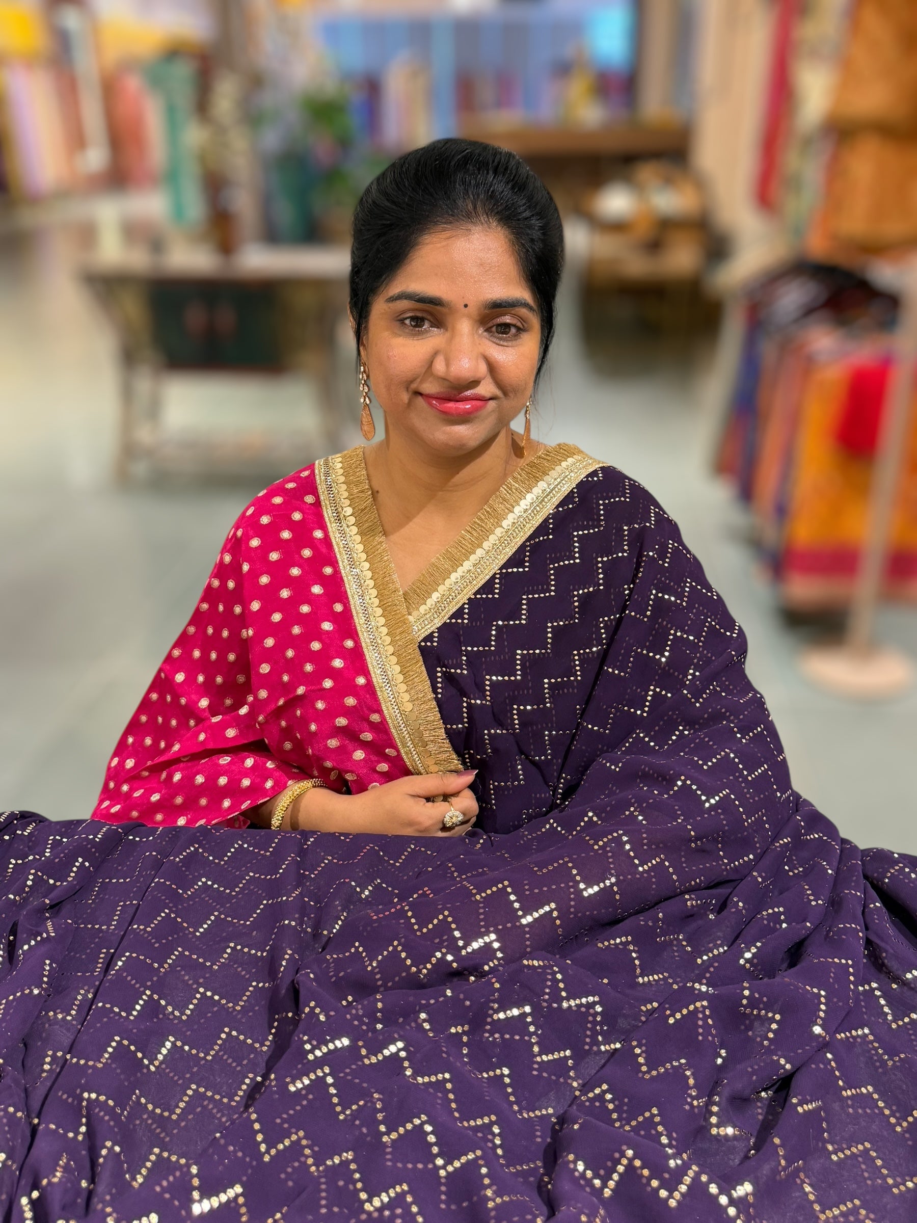 Dark Violet Georgette Saree with stick on Badla in zigzag pattern