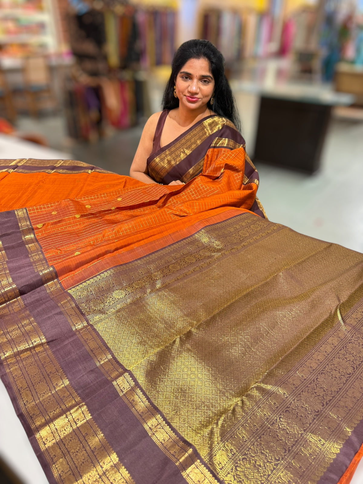 Rust Orange &amp; Brown Combo Kanchi Vintage Checks Saree