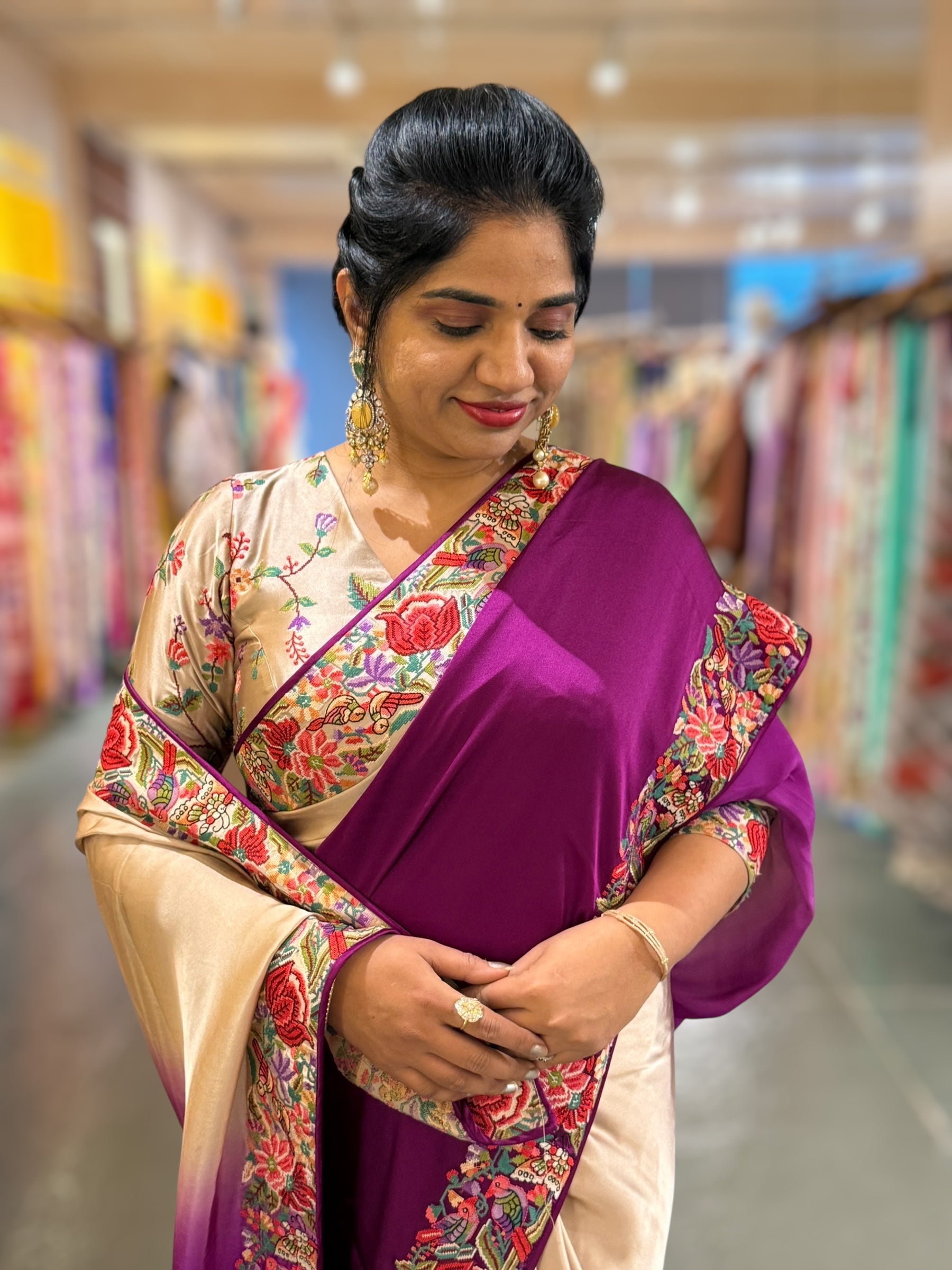 Pure Satin Ombre Dyed Saree with Petite Point Embroidered Border and blouse.