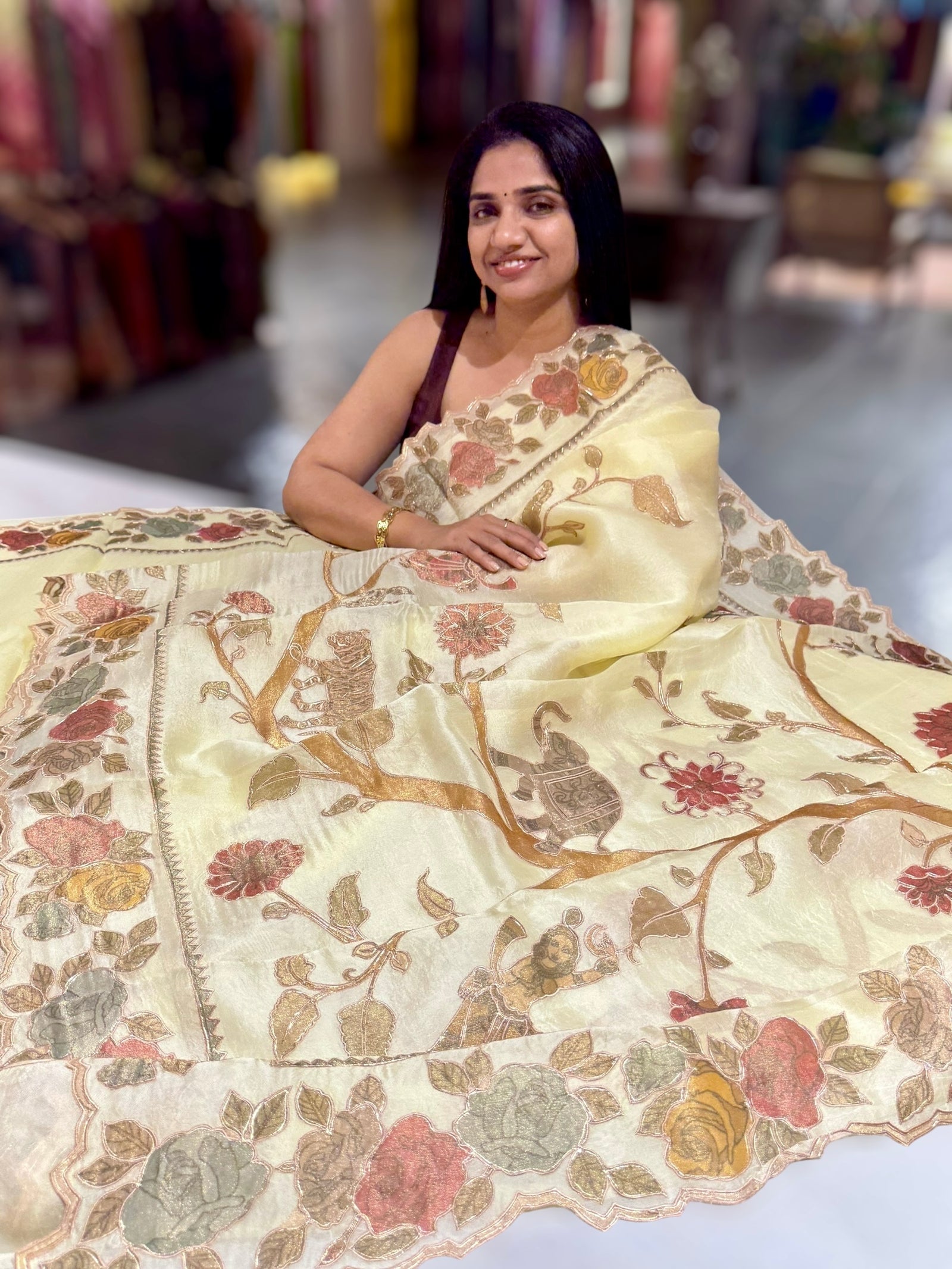 Pastel Yellow Pure Organza Applique Work Saree