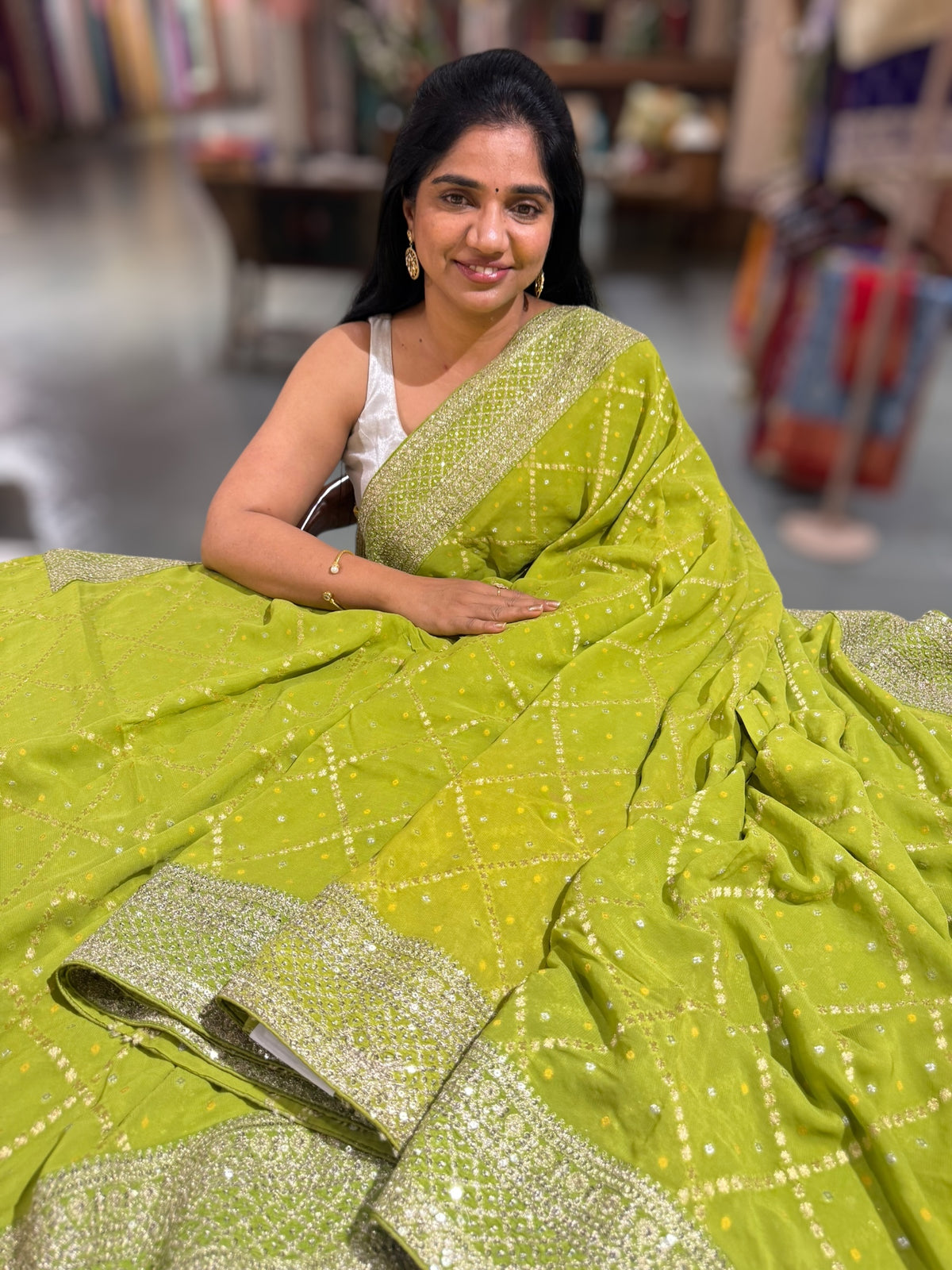 Parrot Green Fancy Banarasi Bandhini georgette saree with sabhyasachi borders and blouse