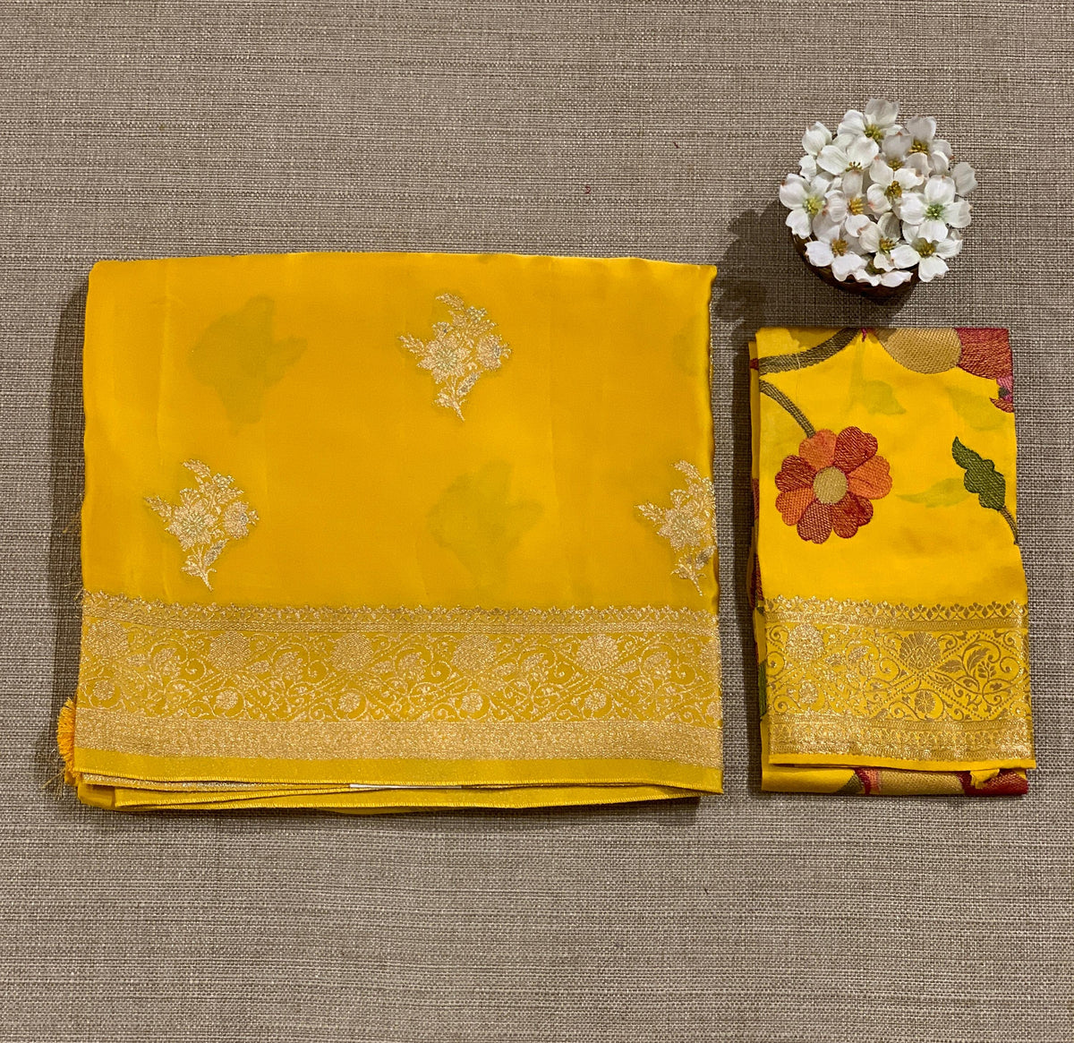 Mango Yellow Mashru Silk Saree with Paithani inspired embroidered blouse
