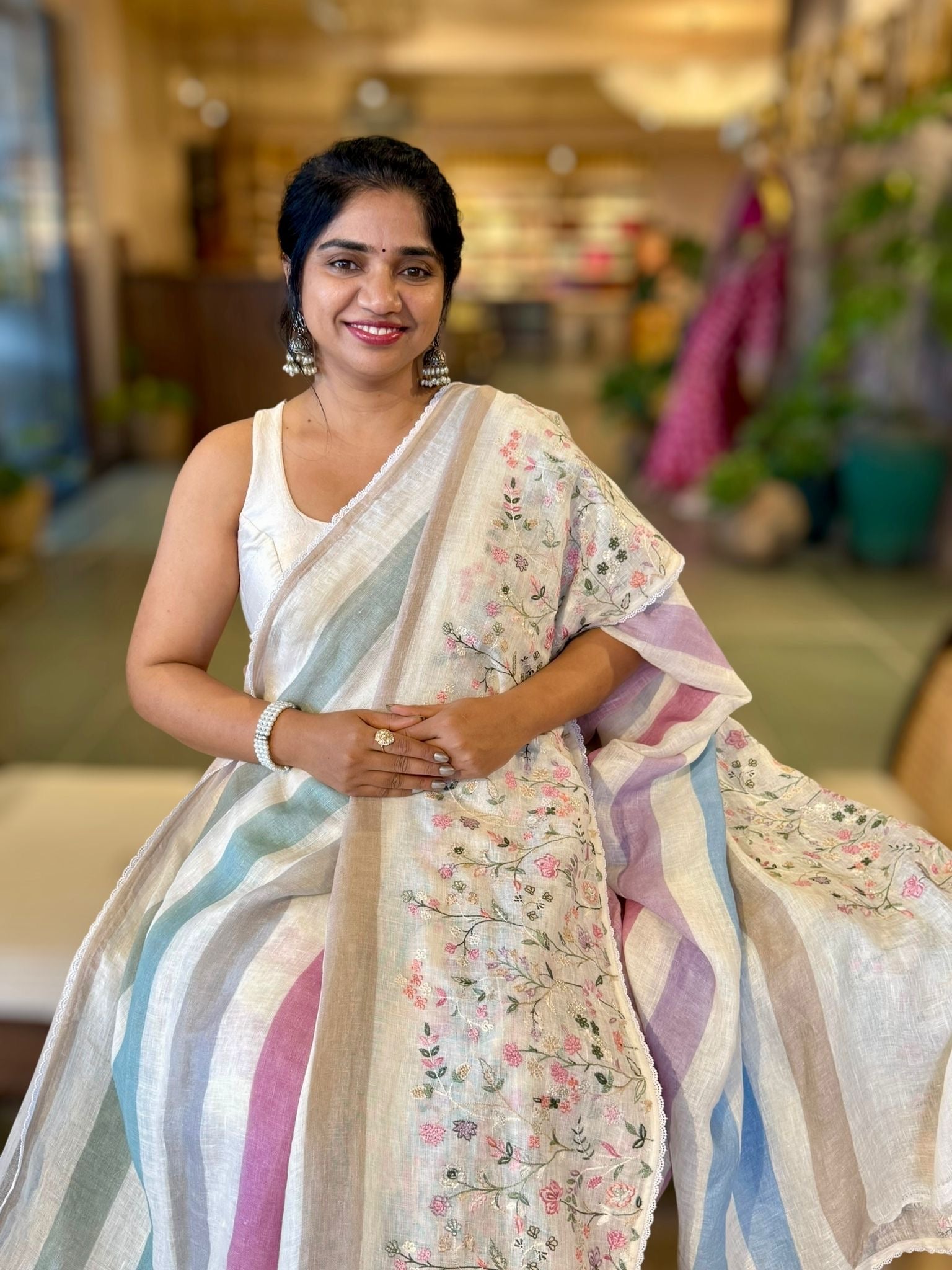 Lenin Saree with Multi Colors stripes and Embroidered Border