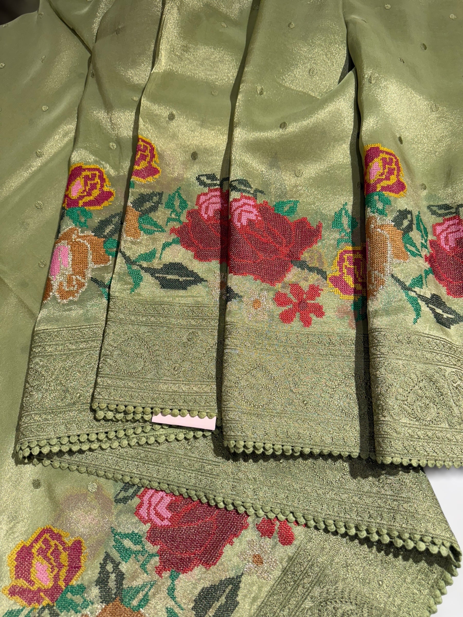 Dhaara : Dusty Green Tissue Gorgette Saree