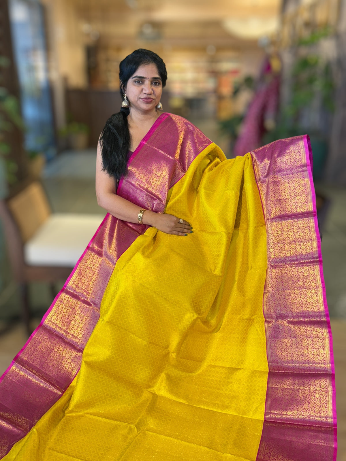 Yellow and Rani Pink Combo kanchi brocade designer kuttu border saree