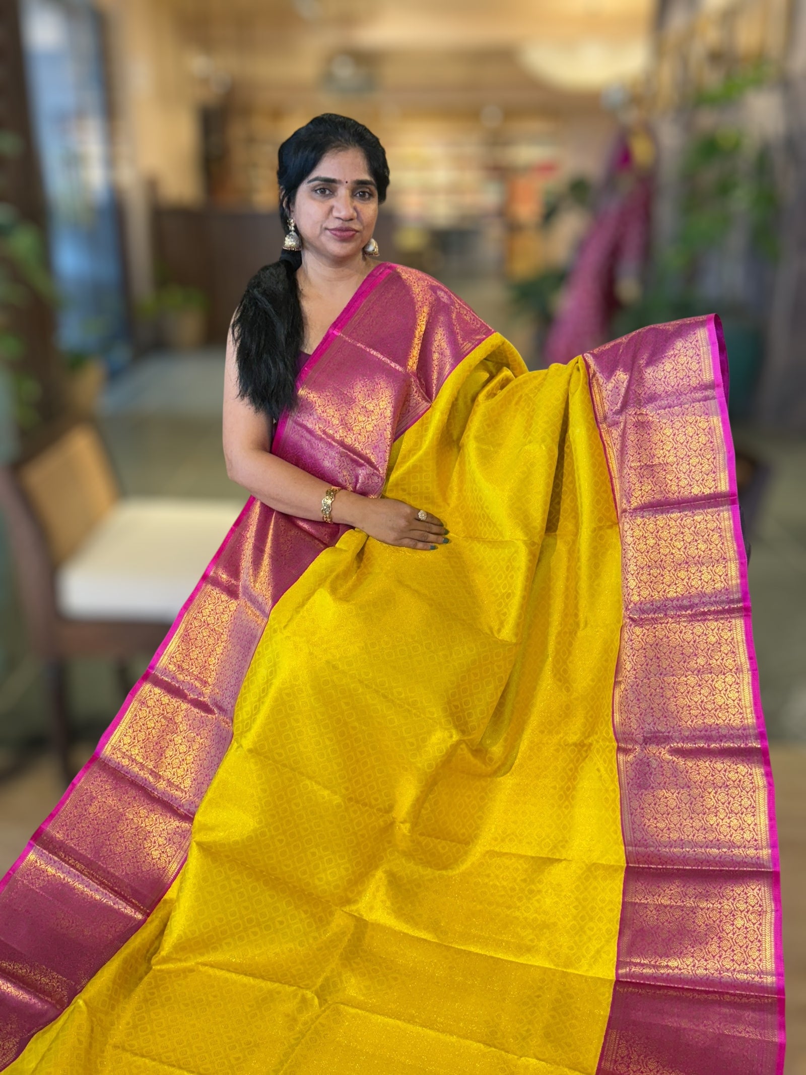 Yellow and Rani Pink Combo kanchi brocade designer kuttu border saree