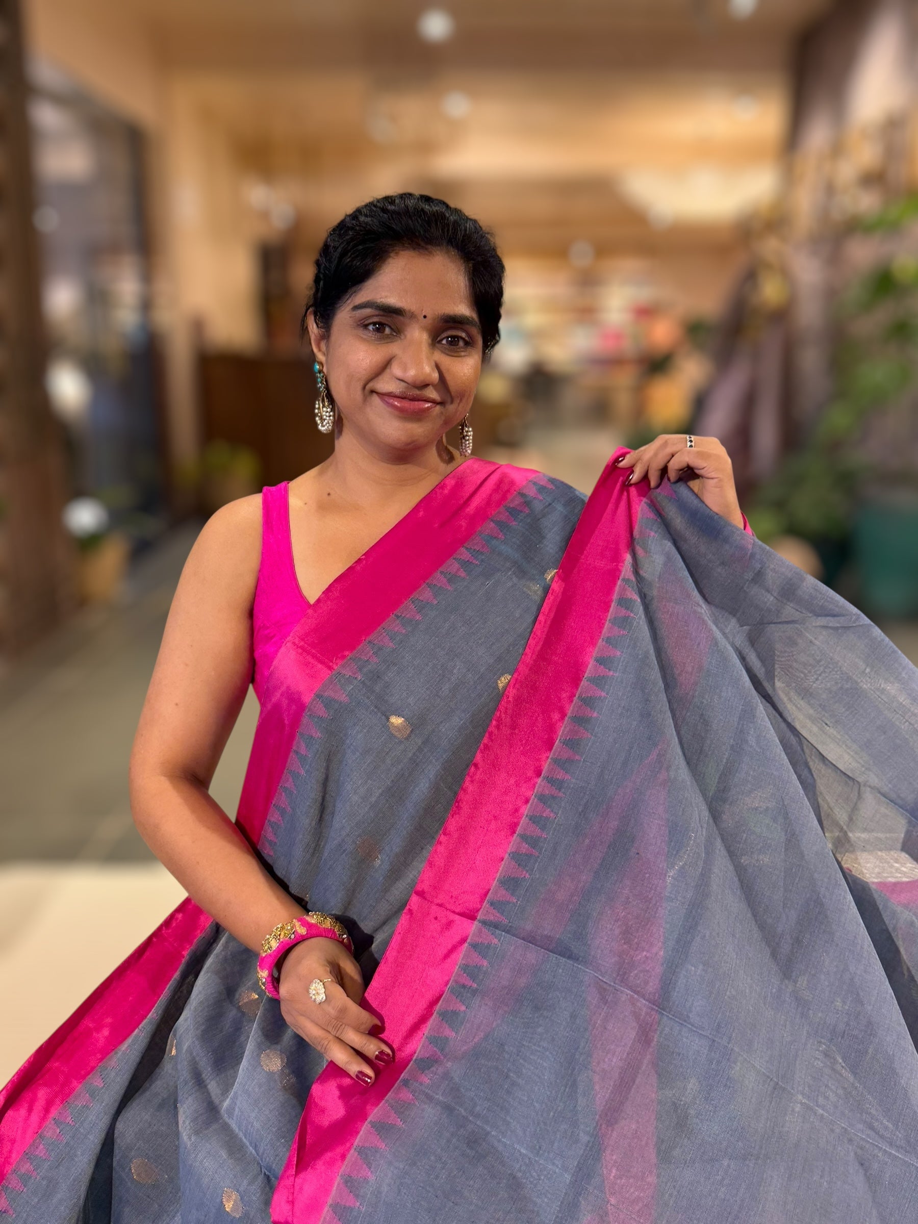 Grey Ponduru Khadi Saree with Pink Silk Temple Border & Jamdani Pallu