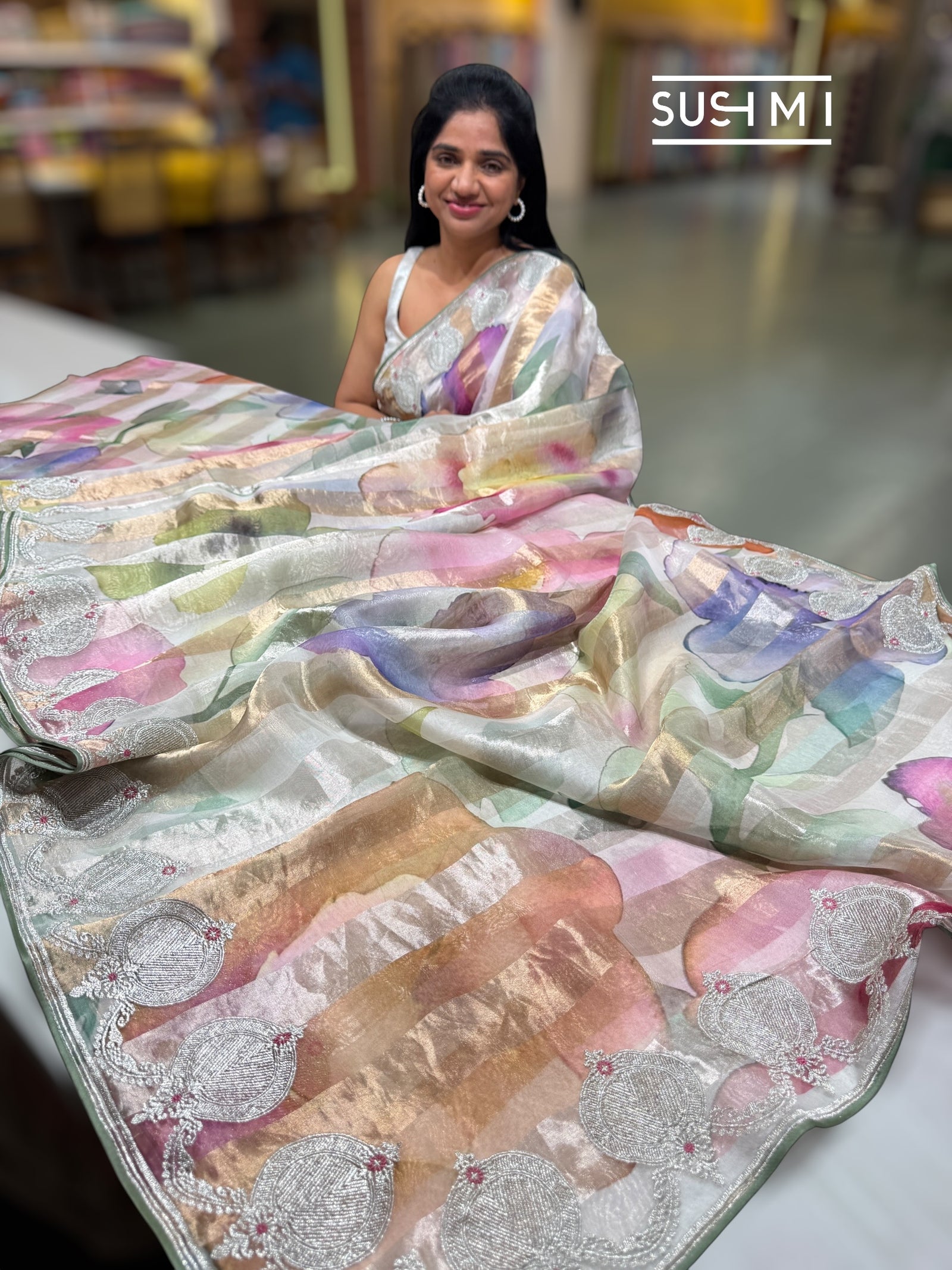 Printed Organza Tissue stripes saree with embroidery : SM070