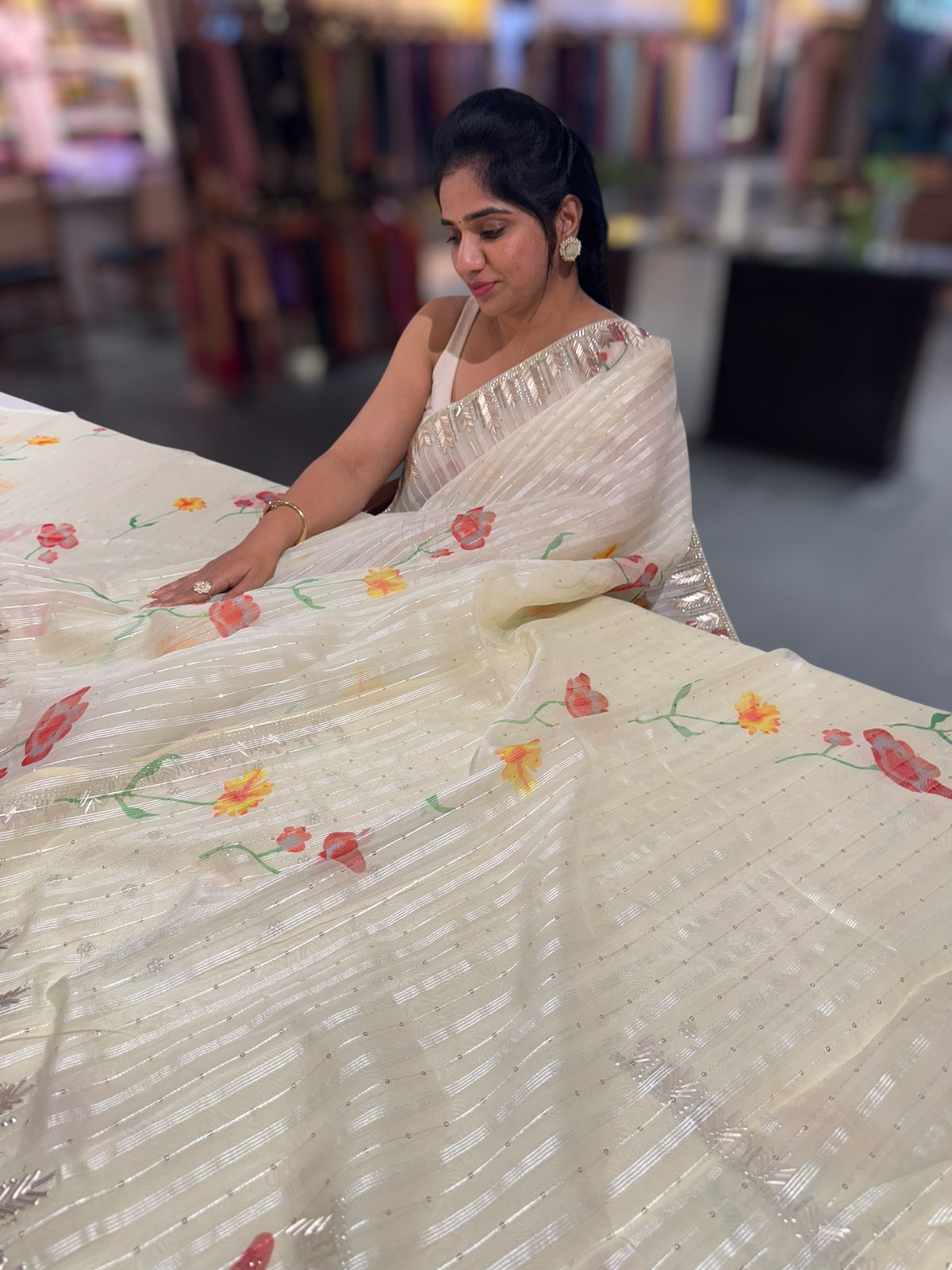 Paste yellow handpainted Organza with handwork