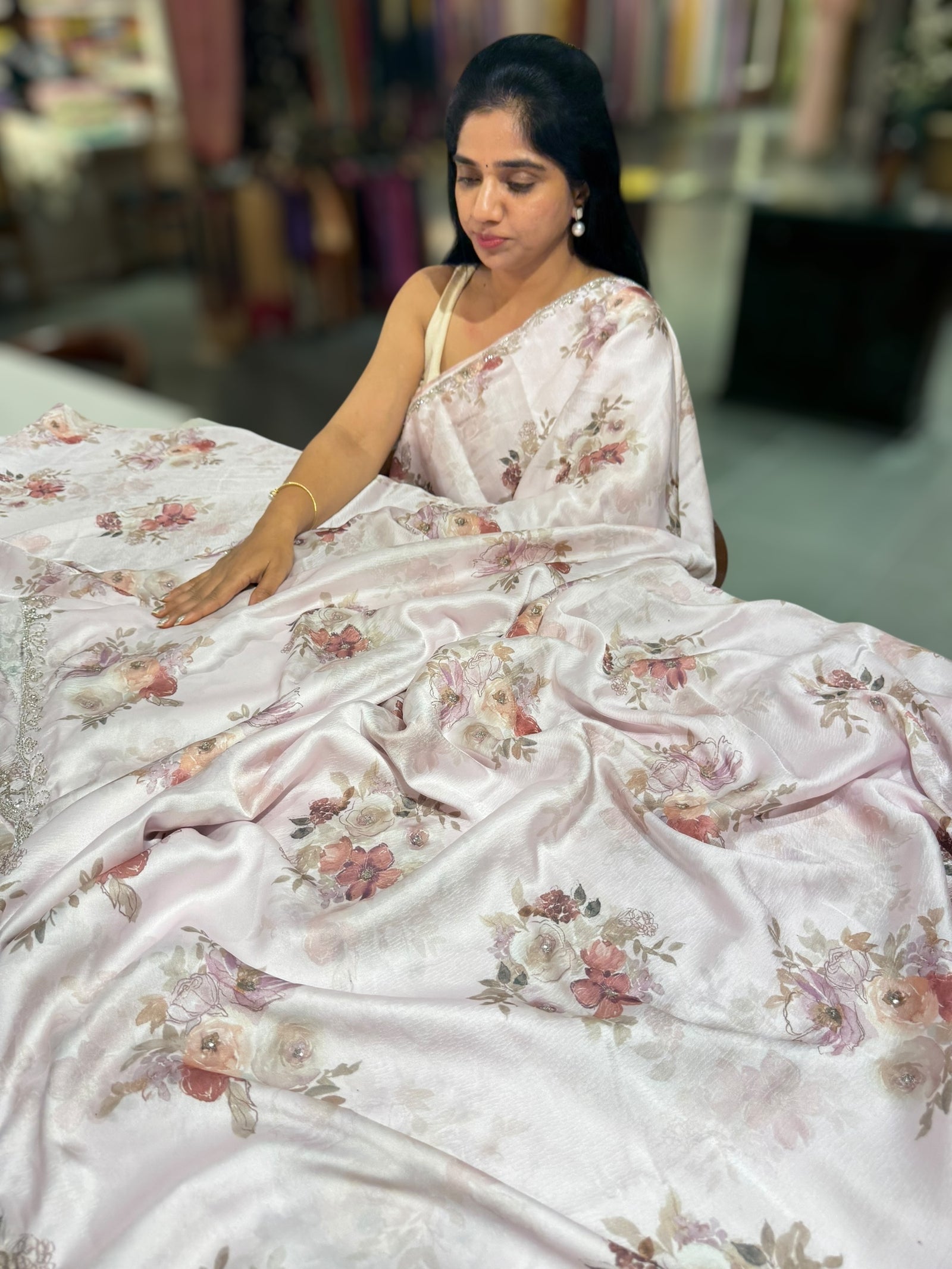 Pastel Pink Pure chinnon crepe printed saree with handwork border