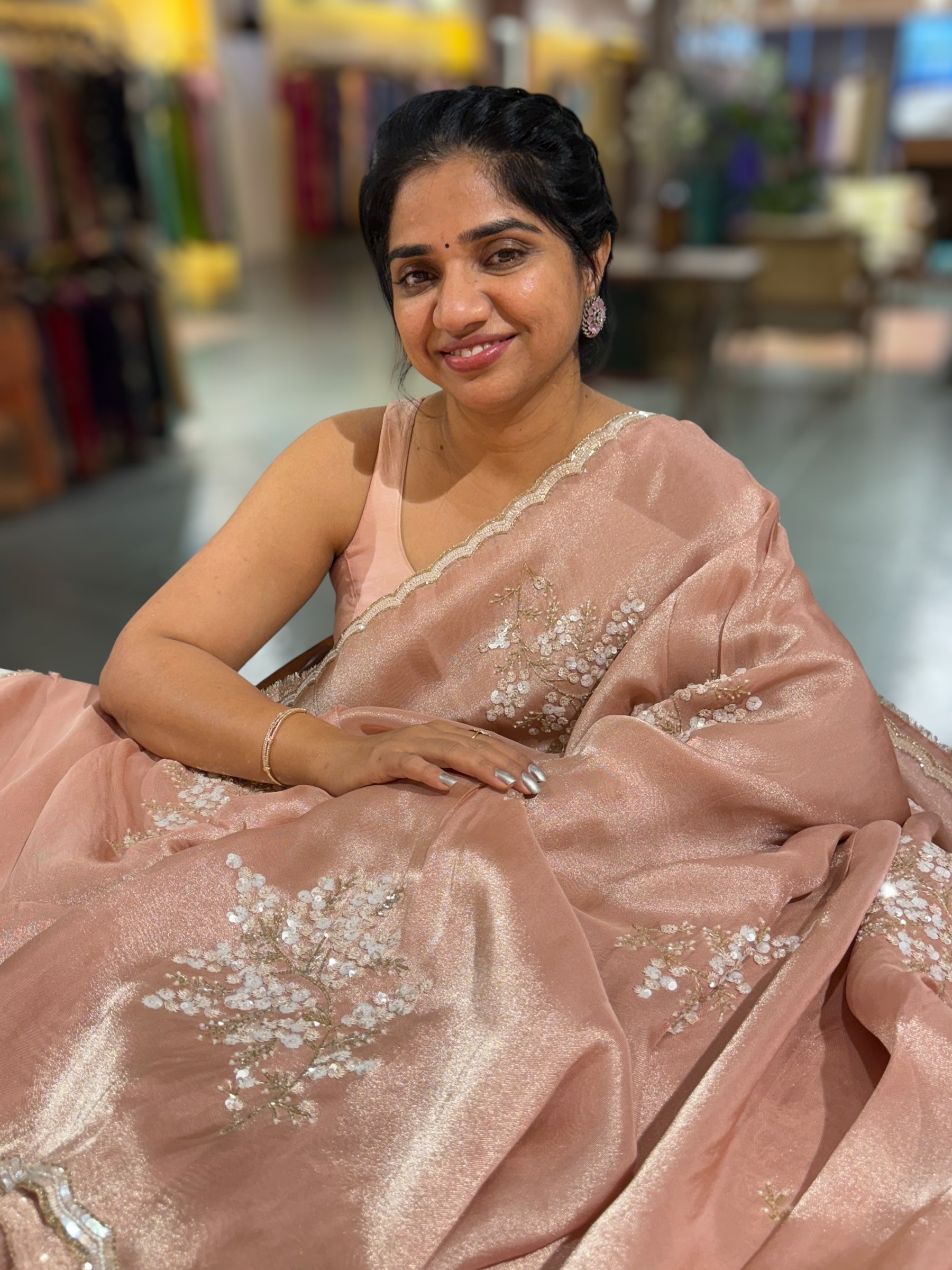 Tissue Gorgette Saree With Handwork Border and Blouse.