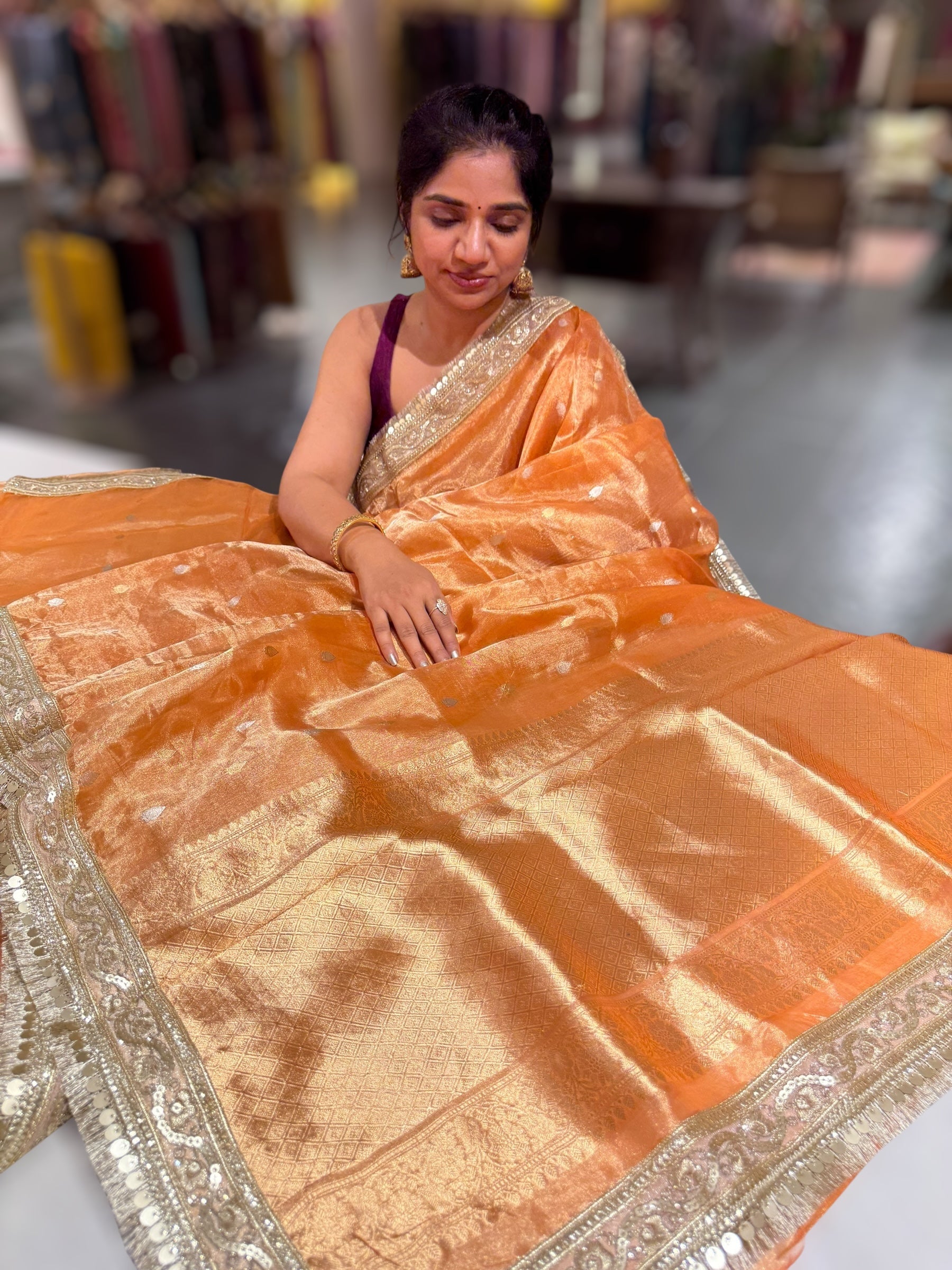 Light Orange Pure handloom Banarasi Tissue saree